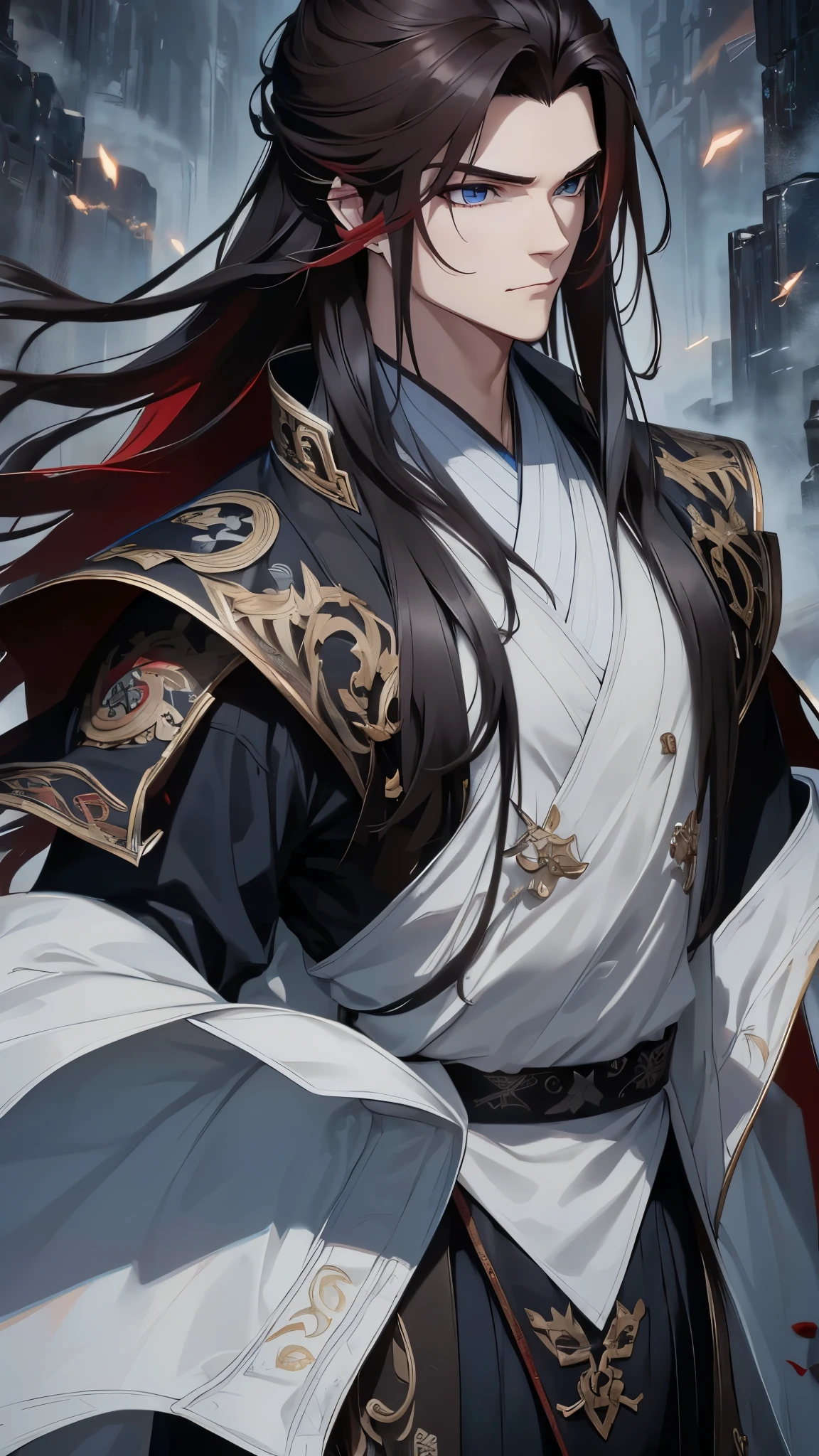 ''A beautiful portrait of Vuong Lam exudes a cold, majestic demeanor mixed with a bit of loneliness. His deep, dark blue eyes reflect resilience, experience and an inscrutable inner world, representing a man whose life has been shaped by countless challenges but remains steadfast. His handsome, sharp face exudes determination and intelligence. He has long flowing red hair in the ancient Xianxia style, enhancing his ethereal appearance. He wore an exquisite Xianxia-style outfit that radiated power and elegance. His outfit is in the style of the Xianxia and has blue embroidered edges, layered under a dark gray overcoat decorated with intricate sunken patterns. The color palette—black, brown, and gray—conveys maturity and mystery, blending perfectly into the world of immortals. The atmospheric background is hazy and ethereal, with subtle energy swirling around him, adding depth to his mysterious aura. The lighting is dramatic, emphasizing his noble yet melancholy presence. Incredibly detailed cinematic compositions, hyper-realistic textures, 8K resolution, fantasy-inspired masterpiece."