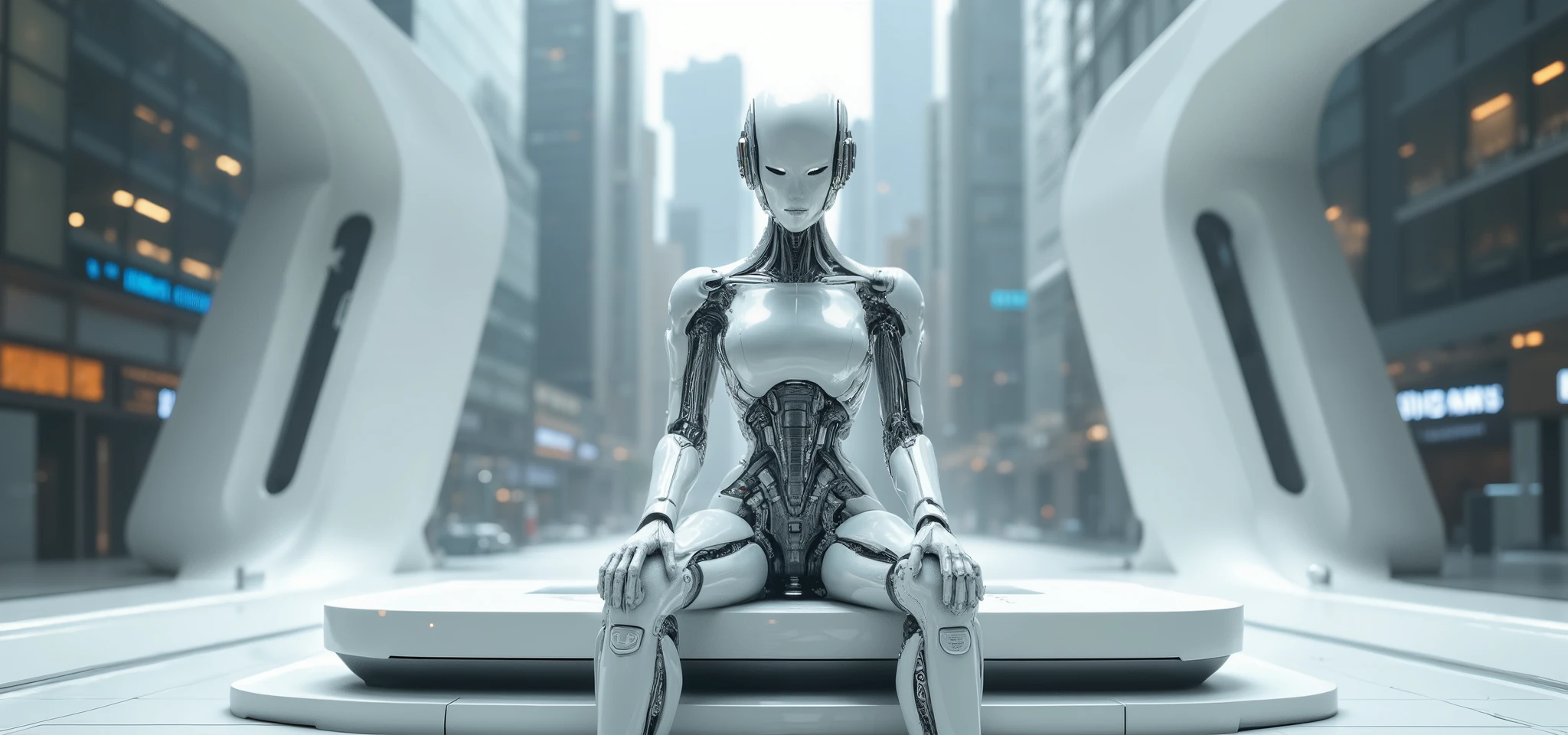 A cyborg face and human head, by Forrest Gump, and body with white parts, sitting on a technological bench of the future, on a street of the future, detailed, 8K, seen from the front.