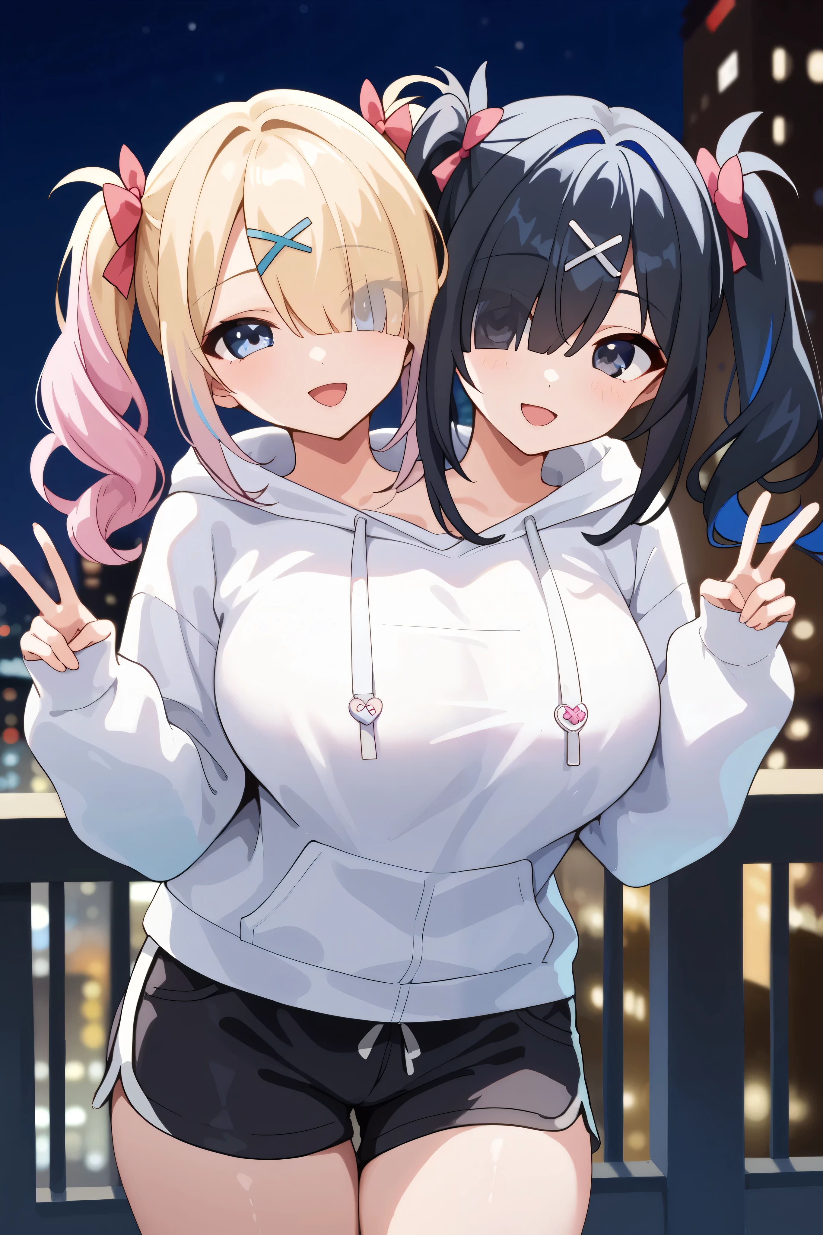 2heads, twoheads, a tall thin woman with 2 heads, conjoined, AmeChan, black hair, black eyes, medium hair, twintails, hair over one eye, x hair ornament, KAngel, blue eyes, multicolored hair, blonde hair, blue hair, pink hair, quad tails, multiple hair bows, white hoodie, black shorts, large breasts, front shots, night, city