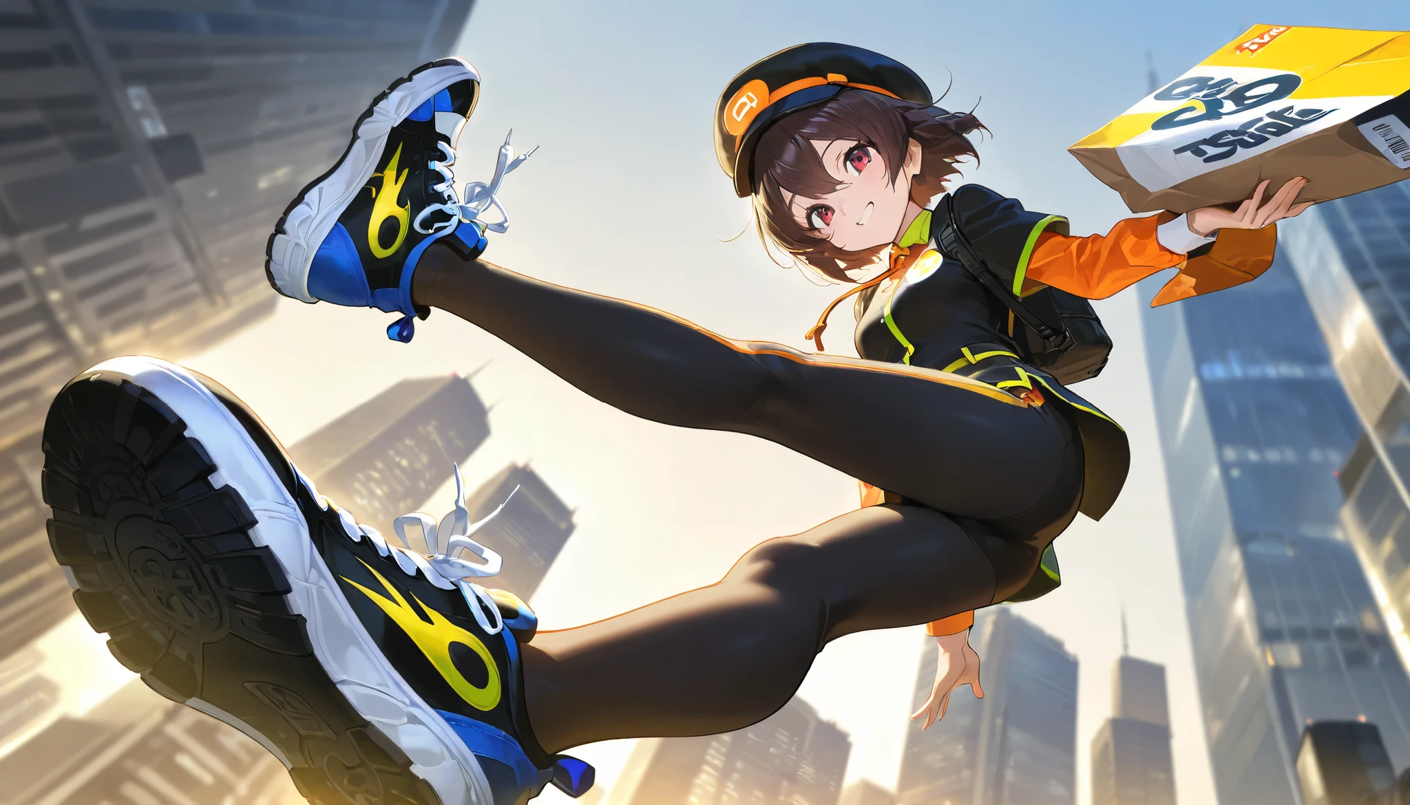 giantess, Running woman, Giant high school girl bigger than a skyscraper, huge tit, very small metropolis, Full body depiction, black pantyhose, pantyhose foot, tiny city, micro city, Labcoat and yellow sweater, Navy blue tie, Red Eyes, Adult women, Long legs, AgnesTachyon_umamusume