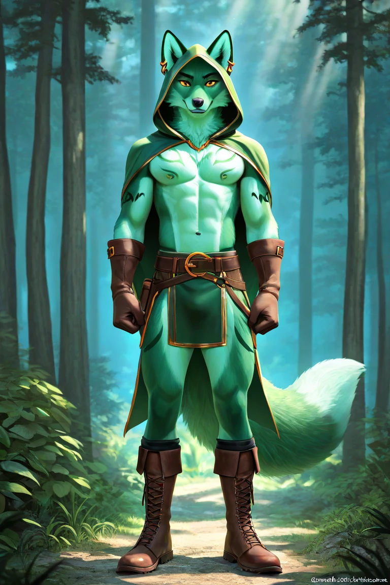 (((by fluff-kevlar, by Zackary911, by Kenket, by Kilinah))), a standing ((Kobold)), (detailed Kobold)) wearing a long cloak, muscular abs, blue fur, Kobold black horns, Kobold tail, messy black hair, (blue thigh highs), shirtless blue thong)), front view, looking at the observer with an embarrassed smile, blush, , perspective, finely detailed paws, punk style,