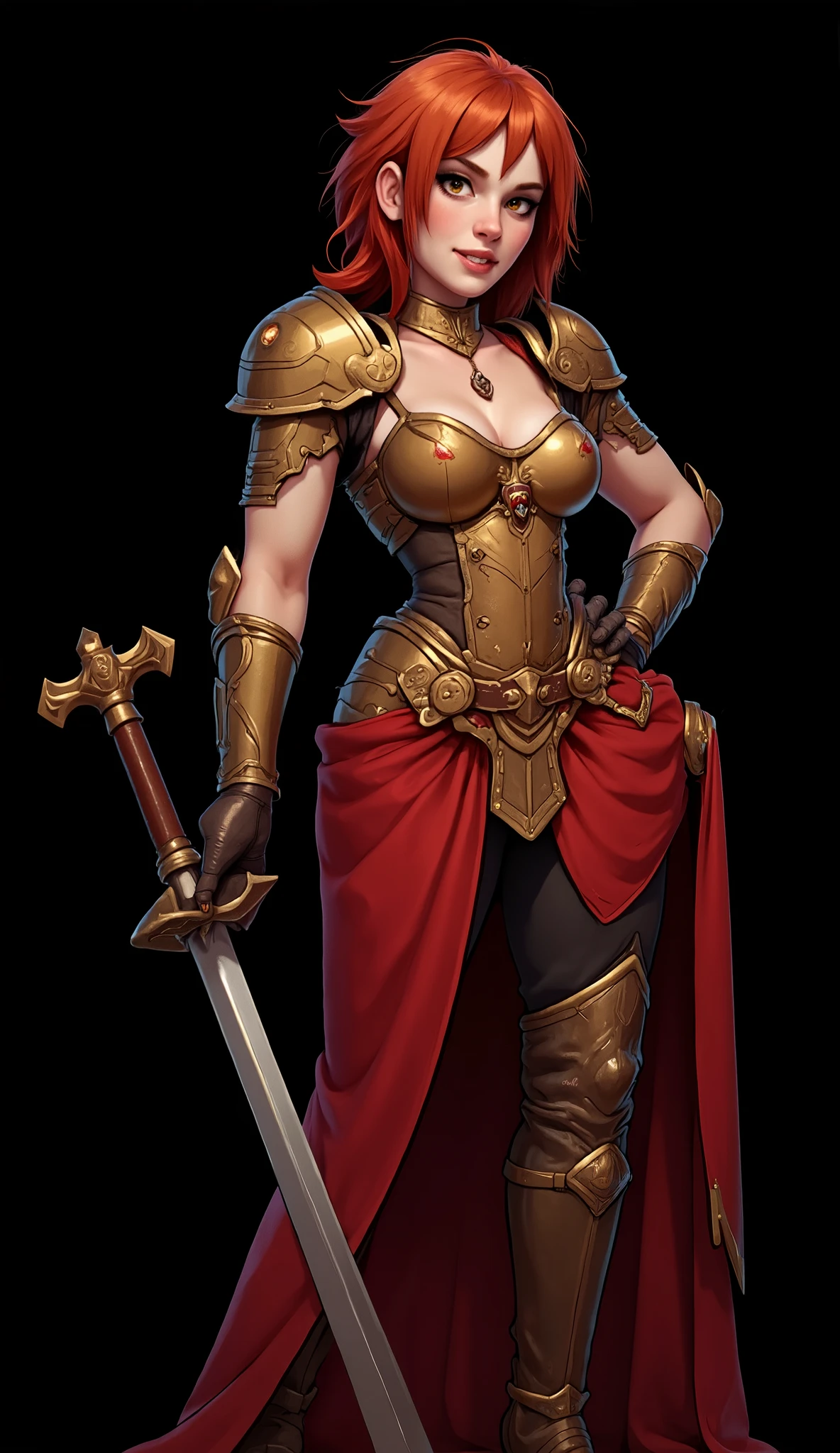 cflxcrtn3, ((realistic)), best quality, 4k, extremely detailed, masterpiece, (((paladin girl))), middle length chaotic haircut, red hair, shaggy hair (dark gold plate mail, chain mail, armored gauntlets, red skirt, pelvic curtain), slim waist, thicc hips, (Scarlett Johansson face:1.4, big eyes, big plump lips, small straight nose), (((happiness))), (((smile))), medieval fantasy, (((black background)))