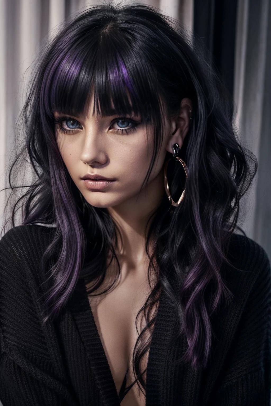 Sasha Grey sitting at a couch and crossed her legs, (siliconed boobs, barefooted and wearing comfy lingerie), (professional photography), (best quality:1.5), (shredded and cropped purple hair), (blushed cheek, eyeliner, brown eyeliner and shadow), (clear eyes), textured skin, [hyper realistic],  face close, 80mm, soft focus , film grain:1.2