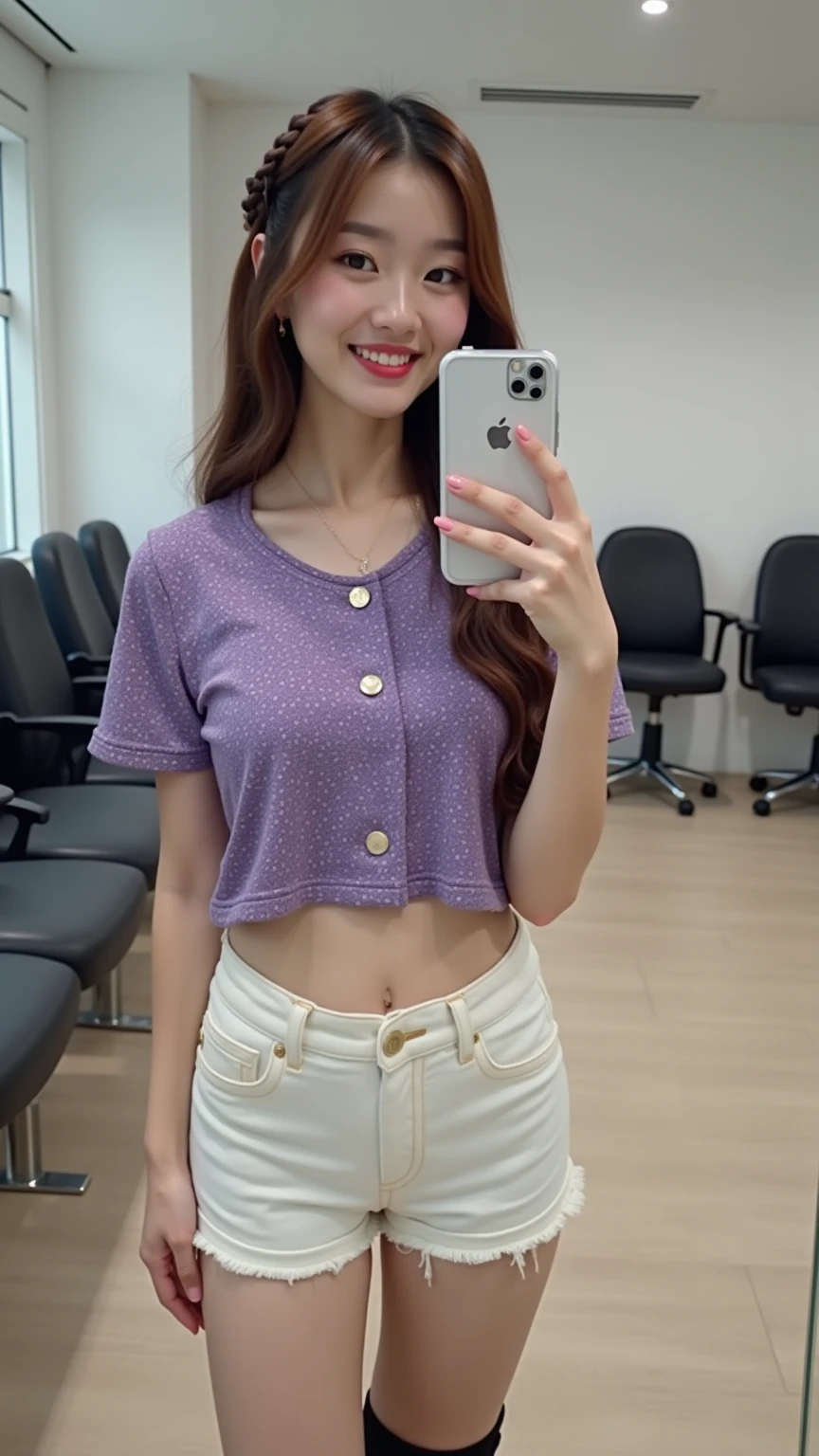realistic photos of (1 cute Korean star) curtained hair, white skin, thin makeup, 32 inch breasts size, slightly smile, wearing purple waist tie shirt, skirt, close-up, selfie, at shopping mall, 16k
