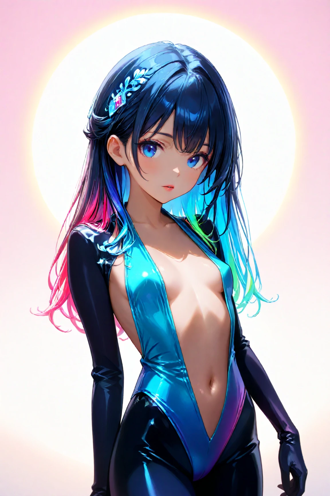Girl, long dark iridescent hair, iridescent eyes, large thighs, small waist, small breast, modern wear,bun hairstyle