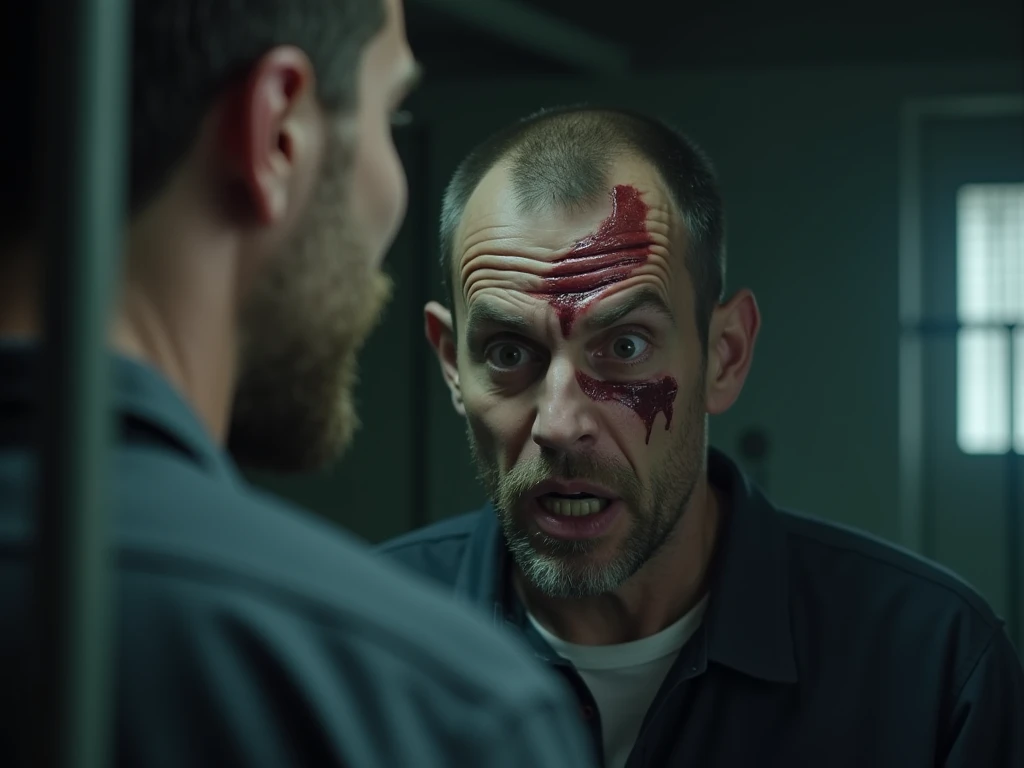 A man whith a jacket is standing infront of a bathrooom mirror.his reflection has blood dripping from his hands