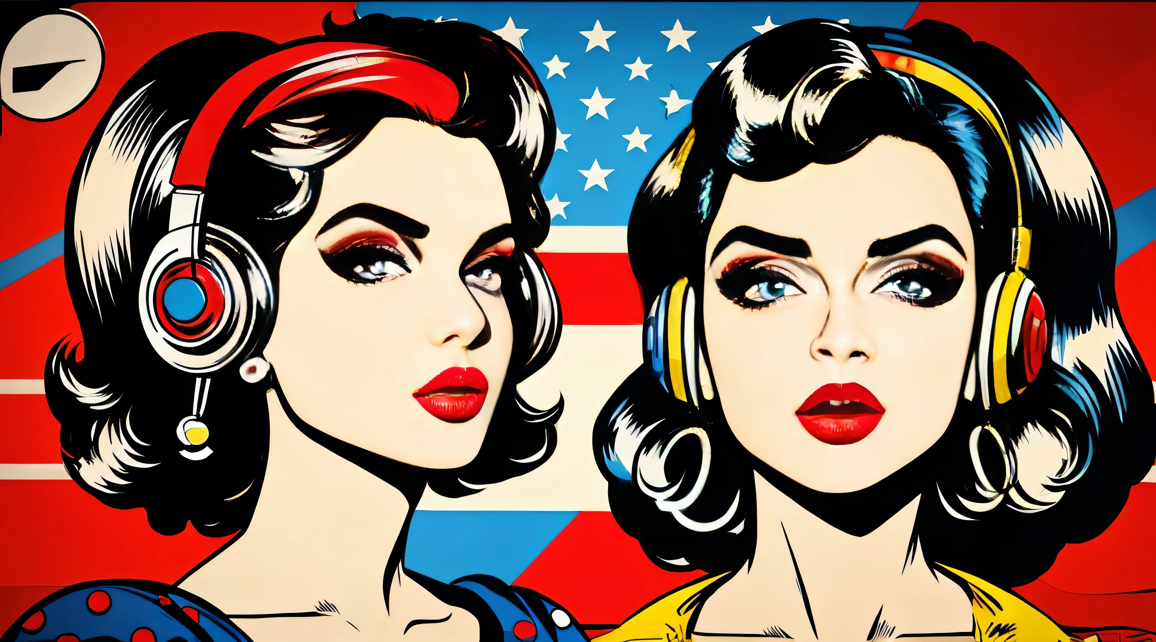 Pop art, Roy Lichtenstein, 2 Girls, Headphones, Vinyl, DJ, jewellery, closed mouth, upper half body, Earrings, lip, looking up at viewer, red lip, background US Flag