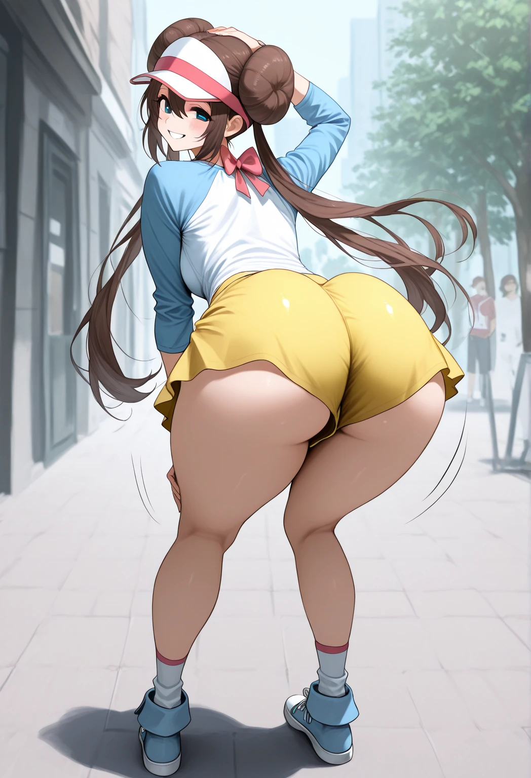(Browsing Caution:1.4), (An adult woman is walking down the street:1.3), (Adult women:1.3), whole body, Sole, (masterpiece, highest quality, High resolution, 超High resolution, Perfect Pixel, Depth of written boundary, 8K, RTTX 10.0), Cinema Lighting, Best Shadow, The best natural light, Cinematic, ((Smooth texture:0.75, Realistic texture:0.5, Anime CG Style)), Beautiful Anime Women, Beautiful art style, Anime characters, ((Detailed face:1.2)), (Brown Hair, Side Ponytail), Slender body,Beautiful thighs, ((Pink ribbon, sweater, Off the shoulder, Checkered Skirt)), (shiny pink satin panties:1.3)、(Horizontal lace panties that cover the butt:1.1), Embarrassed expression, Surprised expression, (A strong wind from below is blowing her skirt up:1.3), look back, Realistic, Angle from behind, Filming consensual ??? with a woman