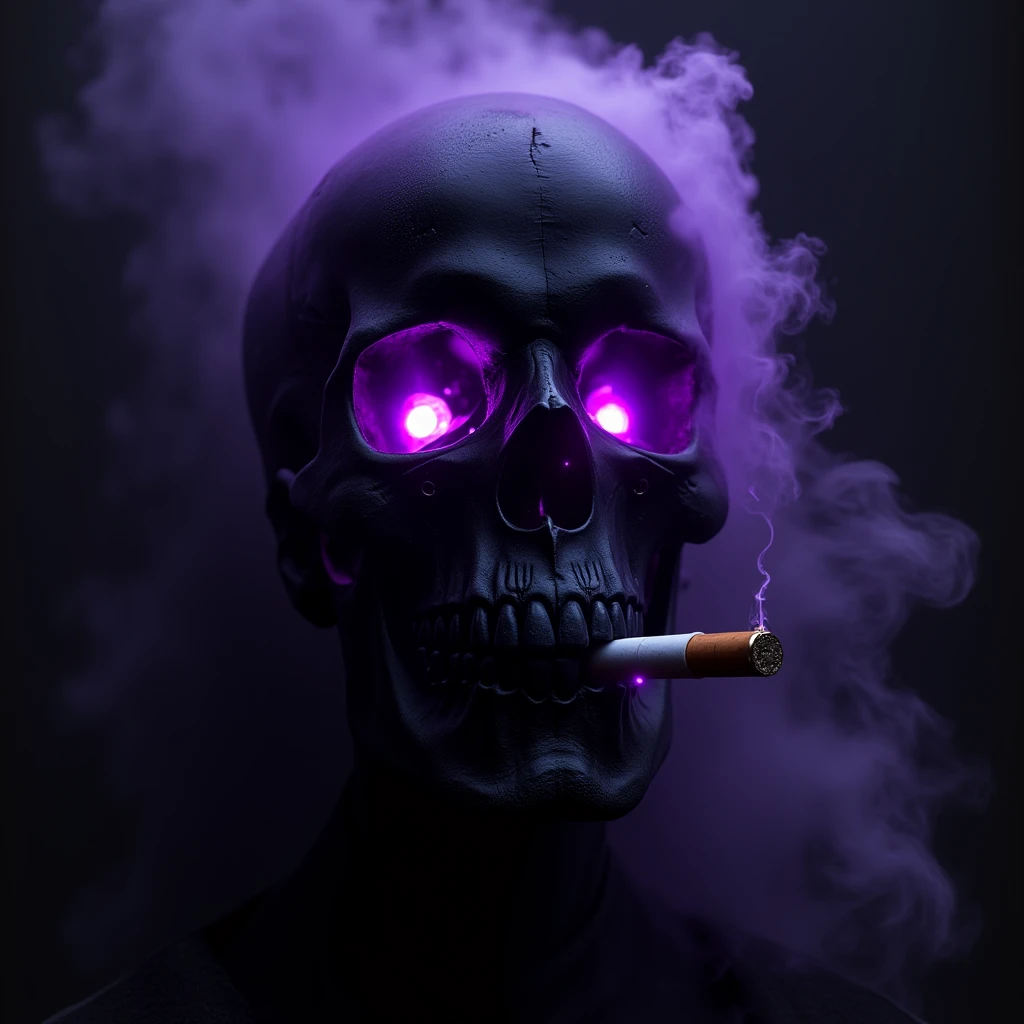 3DCG Close-up of a skeleton in the dark, with purple flames spewing from its closed mouth
