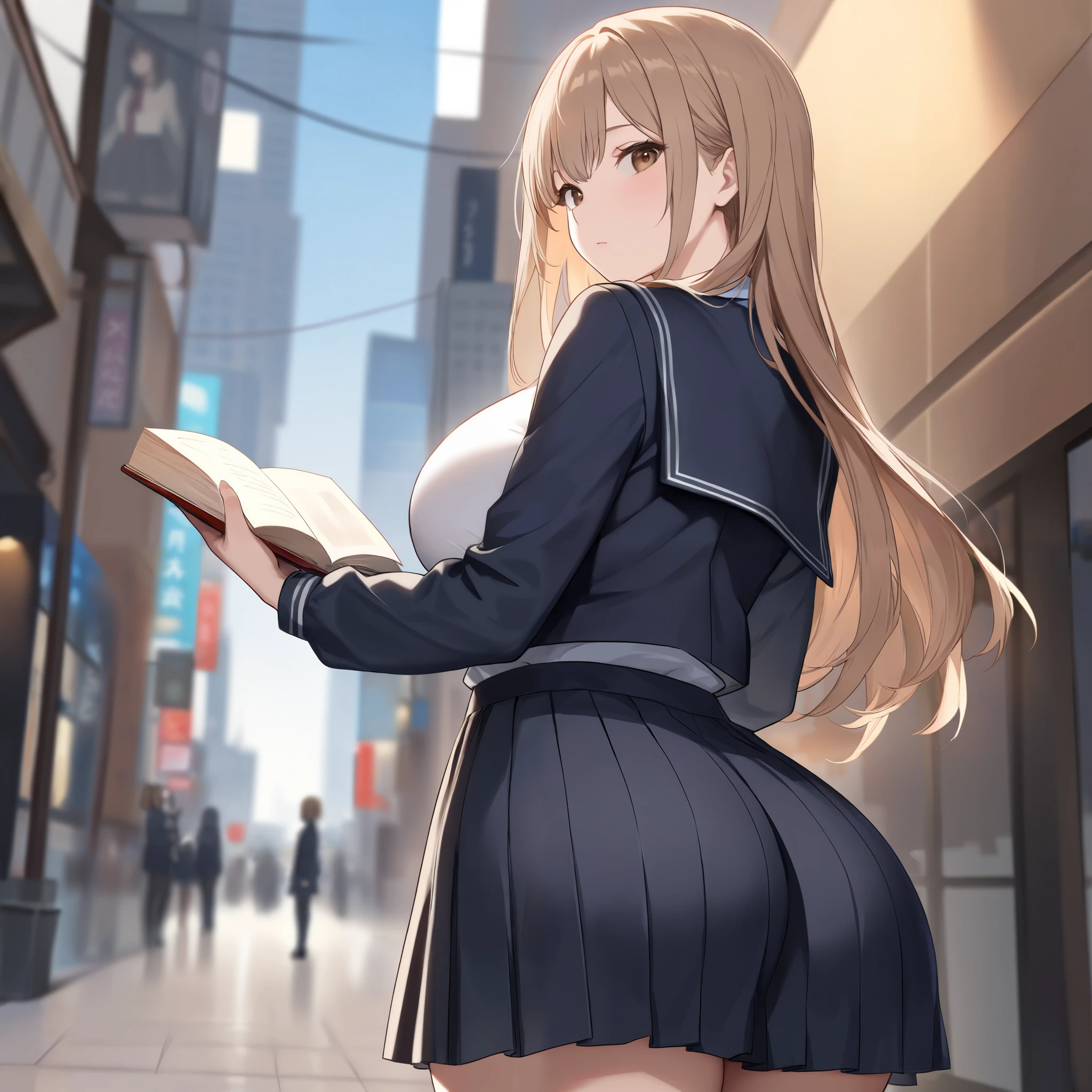 (best quality, artwork, detailed) Alone, A Girl, brown eyes, long light brown hair and bangs, rosto detailed, distant look, perfect anatomy, big boobs, school uniform, BIG ASS, pleated skirt, Holding book in hand, blurry Japanese city background