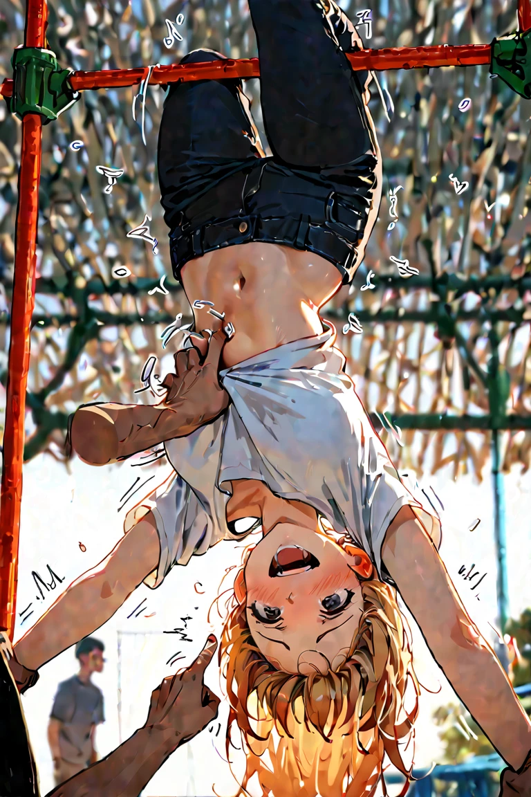 A woman in a white bikini jumps headfirst from a high rock into a pool of water.
The girl has short blonde hair.
The girl has well-marked muscles.
At the bottom, behind the pond you can see the forest. 