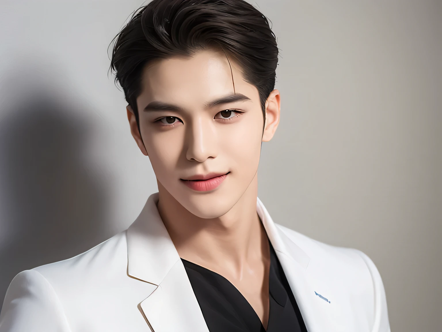 smiling mouth corner, Smiling, Seeing Teeth, Palpation of the lips, Squint, Bend over, look down, 20 year old man, Very handsome , Korean Series Stars, White skin, handsome, classic side part hairstyle, black background, masterpiece, best quality, Cool personality , a man, Detailed image, clear, Shiny, Cold eyes, Very handsome , half body model, wearing a white suit, , straight shoulder, striped shirt-golden Thai bird, One Man, reflect, standing, front view.