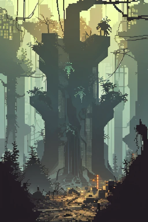 pixelart, underground tunel, ruin,entangled tree roots of dead bodies,mutants eyes in the dark, various plants, cables, electric wiring,After the end of the world, ruins, darkness, eyes in the dark, danger zone, mutants lurking, golden particles flying around
