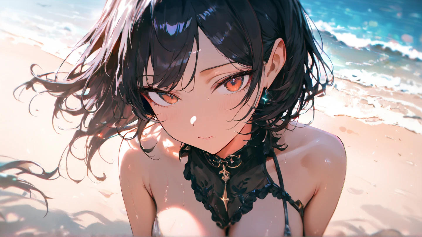 cinematic, (masterpiece), (best quality), (ultra-detailed), very aesthetic, illustration, perfect composition, intricate details, absurdres, detailed face, (anime, masterpiece, intricate:1.3), (best quality, hires textures, high detail:1.2), (4k),( incredibly detailed:1.4), small breast,
BREAK
professional angle, 1girl, solo, medium hair, black hair, cyberpunk,( Gothic fashion, bikini fashion:1.3), wet,
BREAK
Expressiveh,( embarrassed. smaile:1.2), blush, wavy mouth, very detailed background, day,( suggestive poses, sexually suggestive, sexually photo shoot:1.2),( beach:1.2), standing, model pose