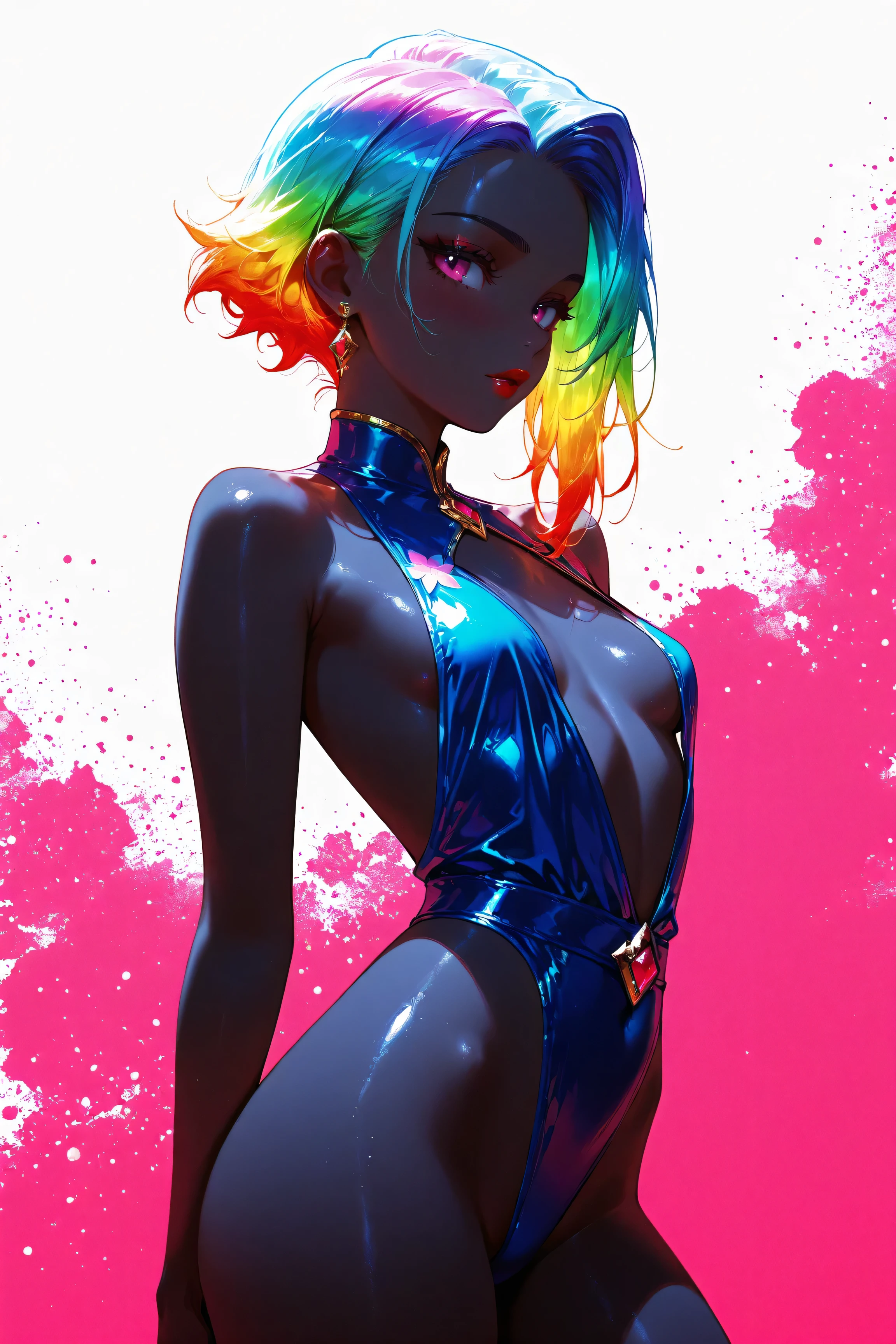 very young ebony girl, slender, petite, red lips, plunging neckline, small perky breasts, custom, colorful neon hair, masterpiece, style, hair [green:1.75] [neon:1.32], detailed, shiny skin, no background, white background, gold background, pink background, Kizi，Highly detailed, Amazing work，Vitreous luster,((clean backdrop))，In pink，(((blue colors)))，green color，red colour，Best quality at best，clean backdrop。heavy blushing, slingshot suit, 
