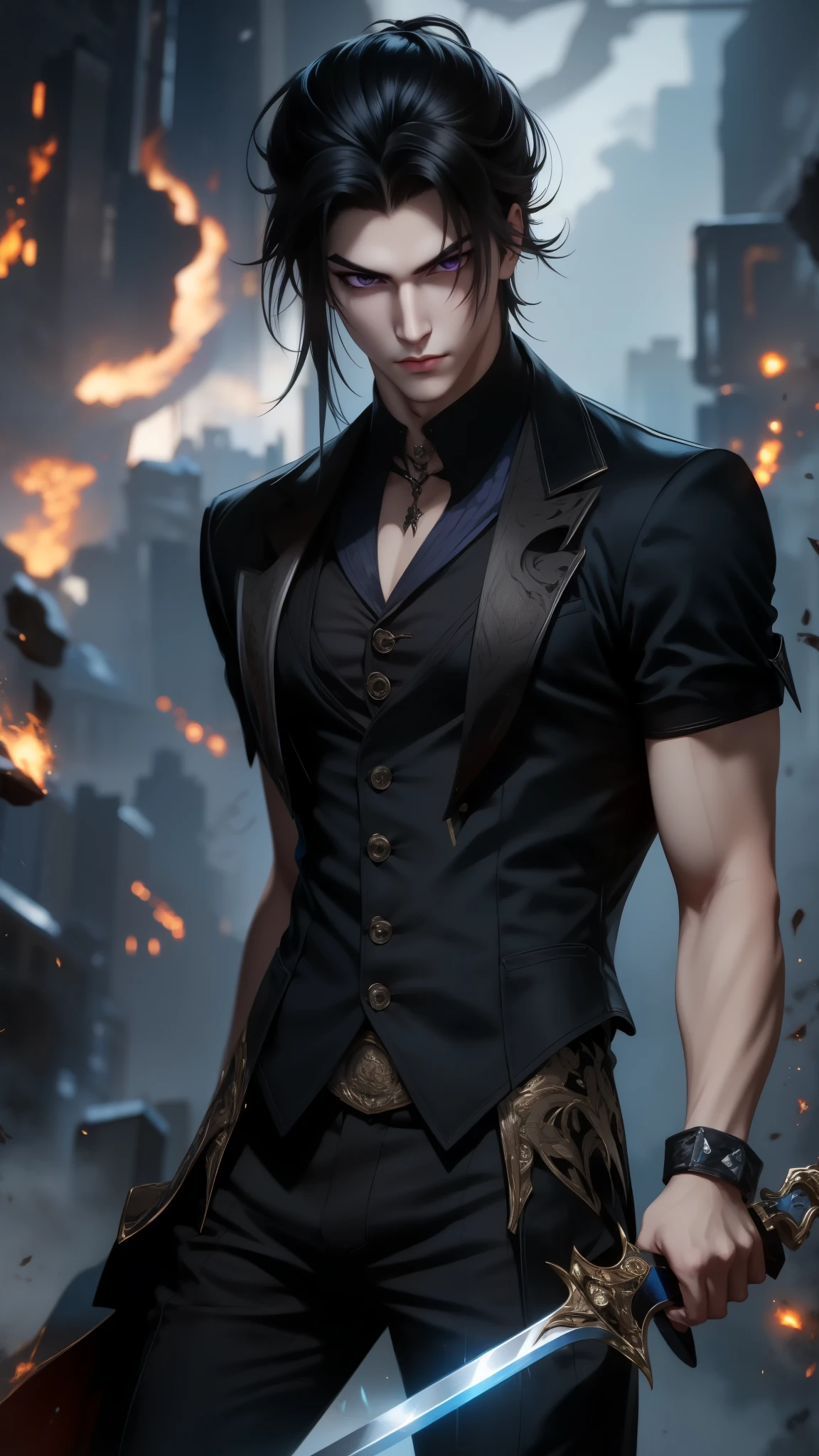 Sung Jin Woo 1 male 20 years old, handsome body, cool face, black hair, purple eyes, trained, black vest, dark city view, solo, many cool poses holding a sharp small sword rushing towards the viewer, slashing horizontally to create a light streak.