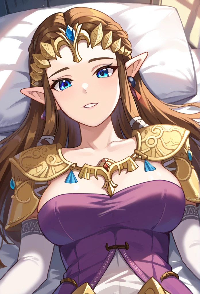 (((Face close-up))),((((Her hair is fluttering))))),(Expressionless),((((((hold your stomach with both hands)))))),((((Upper Body)))),((alone)),((side angle))),Anime art style,masterpiece,(Highest quality), (Super detailed),(Very delicate and beautiful),(alone),(detailedな顔と目),Beautiful eyes like jewels,(A truly gorgeous jeweled ruffled rococo ball gown dress),(((Mature Woman,Queen))),((1 Queen in a beautiful embroidery and jeweled absolutely gorgeous rococo ballgown dress with voluminous full length hoop skirt)),((crinoline)),,((Straight hair galore,Very long straight hair with plenty of volume,Super long straight hair)),,Cleavage,(bed),length_gloves,Very gorgeous hair accessories、((((front)))),((((Adult Expressions)))),((((Beautiful Face)))),((((dress)))),((Overhead Shot)),(((Long Hair)))),((((Straight hair)))),((Cleavage)),((((Dark brown hair)))),Princess Zelda,((chest is slightly exposed)), ((Highest quality)),,(Very detailed) ,((Purple Blouse)),((())),Brown Hair,(()),, ((Highest quality)), (Very detailed),((detailed)),(((smile))),Nintendo, The Legend of Zelda),,((alone)), ((Highest quality)), (Very detailed), ,