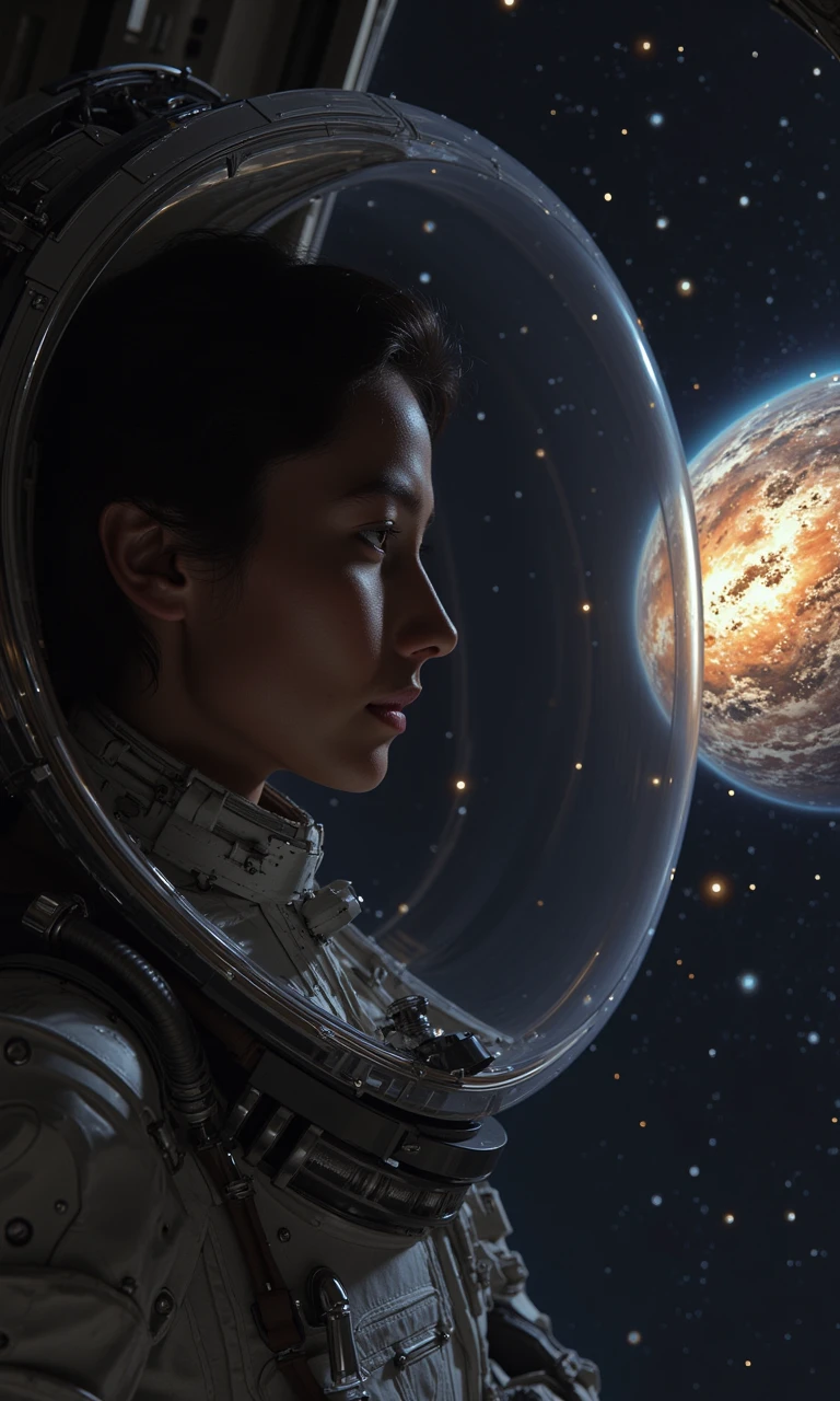 A young woman in a modern spacesuit is inside a spacecraft. She is gazing through a large window at a vibrant planet visible in the distance. The surroundings are the vast darkness of space, dotted with stars and distant galaxies. The woman looks contemplative, her face subtly reflected in the glass of the window. The lighting is soft, highlighting her figure and the planet outside. The style is realistic, with detailed textures of the spacesuit, the spacecraft's interior, and the cosmic landscape.