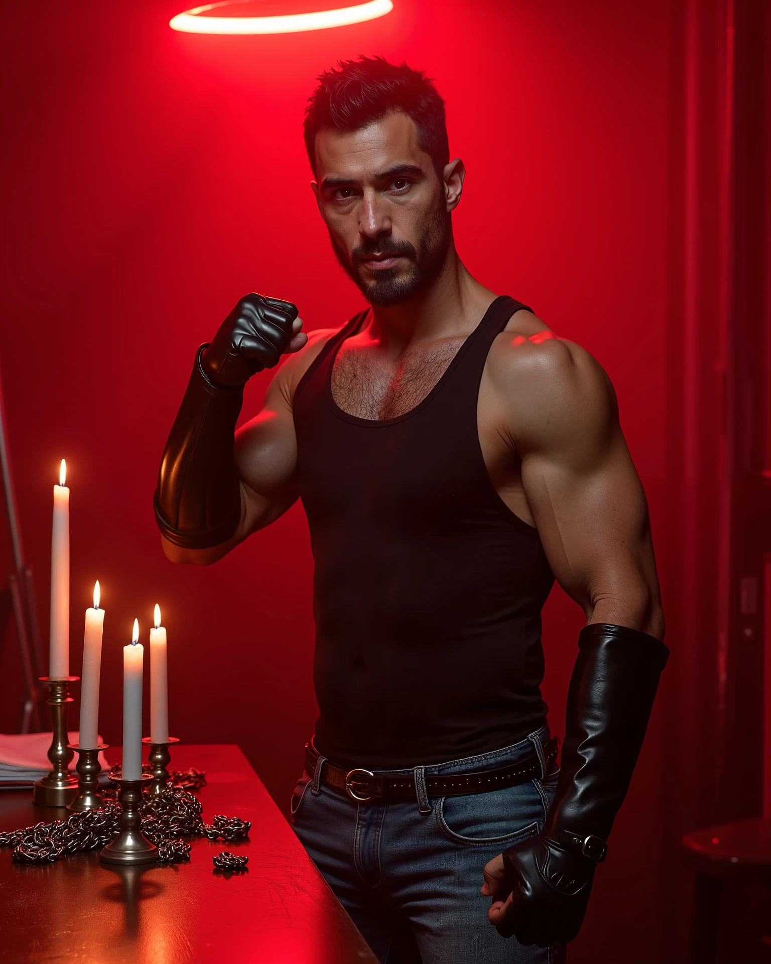 handsome vampire male, handsome, masculine, short hair, sexy, beefy, hairy, muscular, red eyes, fangs, candles, atmospheric, menacing expression, mean, evil