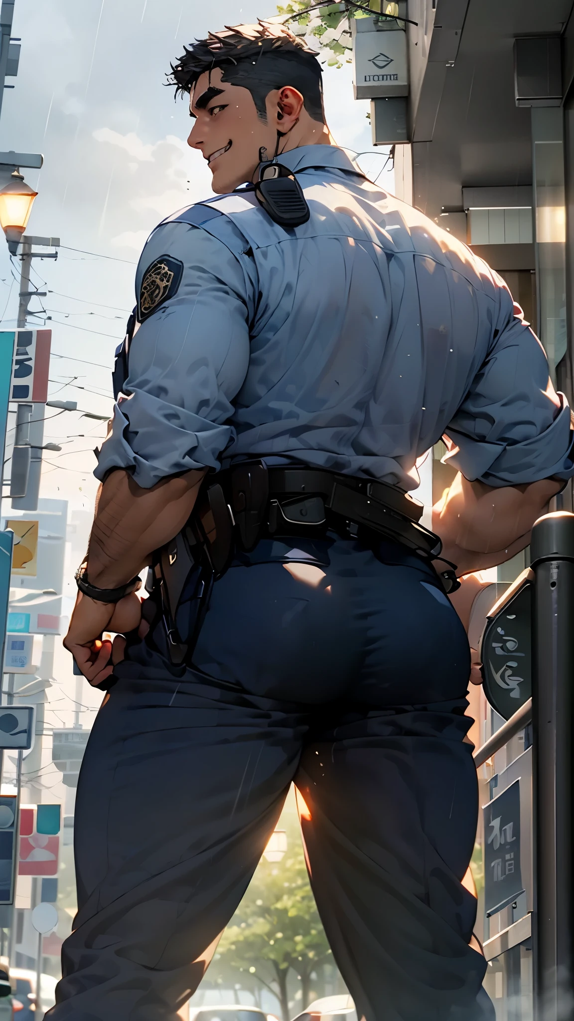 Sexy man in police uniform, tight pants, stands on a deserted street with (((his back to the viewer, tight ass))), big city street, whole body in view