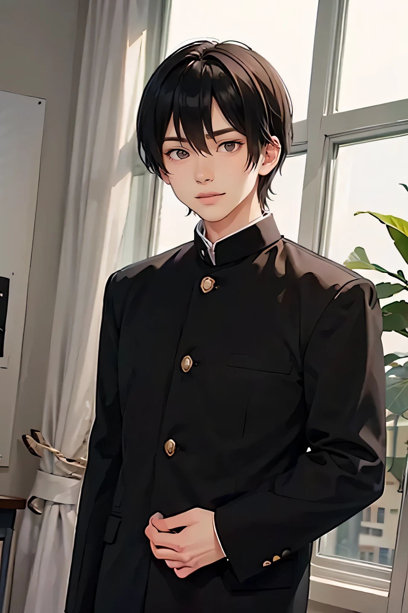 Japanese man handsome short dark hair Shaved head Shaved head adult short cropped smile In the classroom Outside the window is a city of the future School of the future Black school run school uniform Black school run sportsman type Fierce 顔がより大きくPortrait of a mysterious woman surrounded by Portrait of a mysterious woman surrounded by
