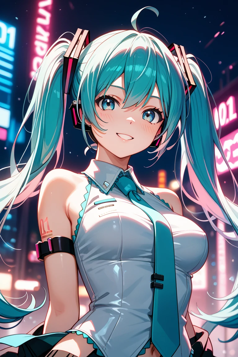portrait of emb-haiz, pretty face, Cyberpunk city at night. masterpiece,micro bikini,  Hatsune Miku, dramatic lighting, (badge:1.2).blue tie，White shirt，Sexual seduction，Sex life，girl on top，Open abdomen，big bust