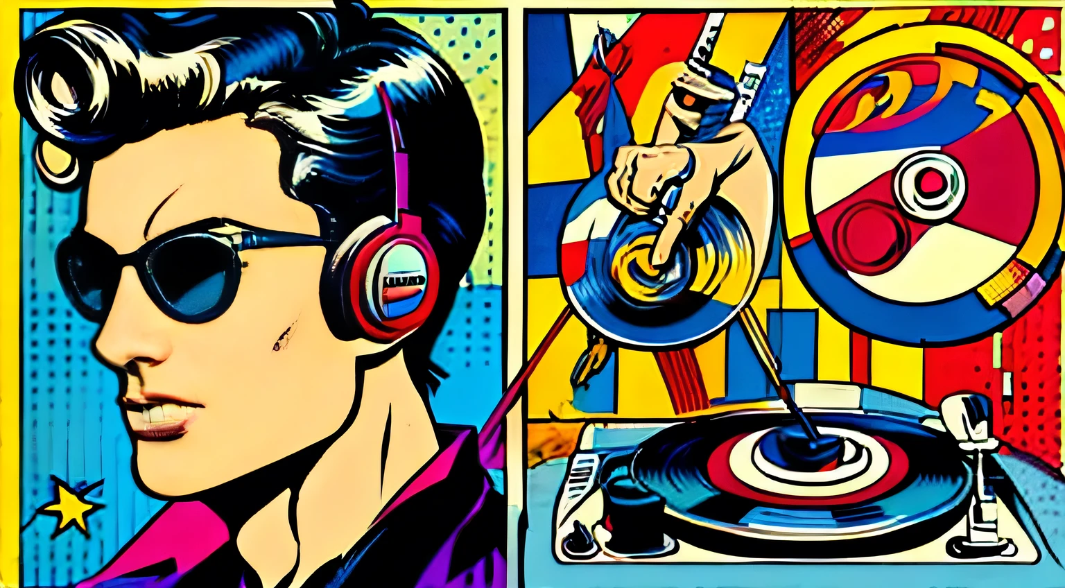 Pop art, Style Roy Lichtenstein, Andy Warhol, painter, full body, headphones, painting a vinyl record, looking at the vinyl record, background bright pop art sun