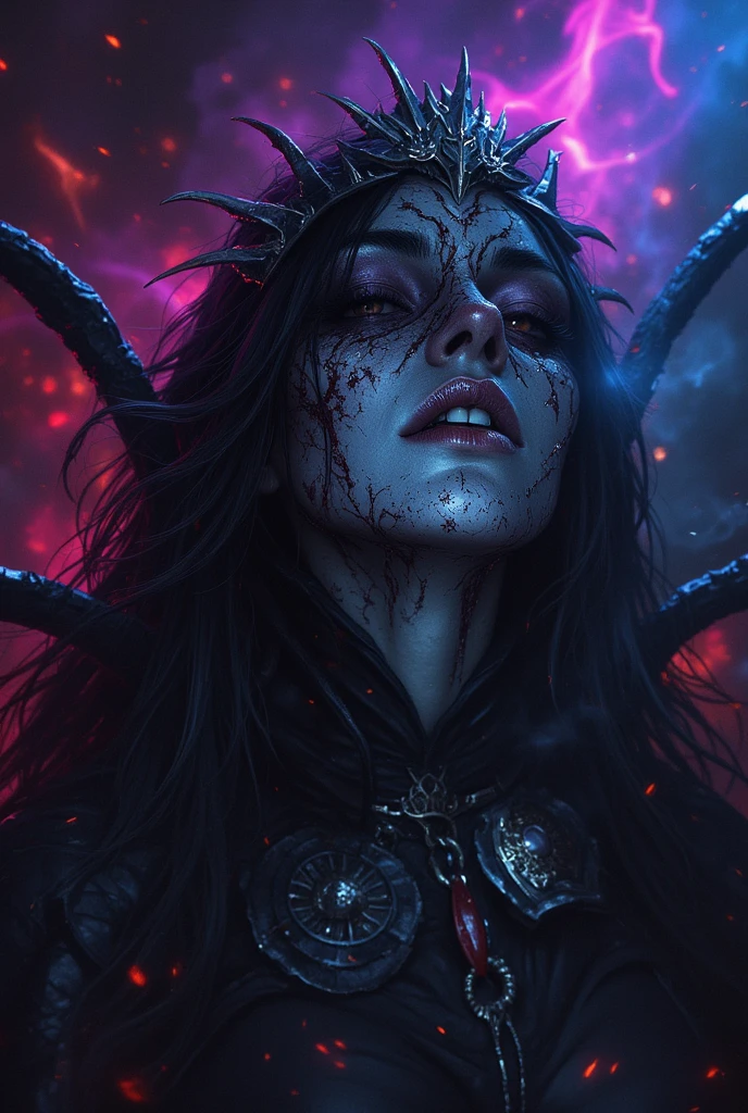a horror art picture of a sexy beautiful female human spider (animorph:1.5) standing under the starry night sky at the dark forest, full body (ultra detailed, Masterpiece, best quality: 1.5), ultra detailed face (ultra detailed, Masterpiece, best quality), (ultra feminine: 1.4), red skin, black hair, wavy hair, dynamic eyes color, yellow glowing eyes, intense eyes, red lips, wearing white dress, dark elegant style dress (ultra detailed, Masterpiece, best quality), black and red spider lower body (ultra detailed, Masterpiece, best quality), red veins, spider abdomen and spider legs, sky full of stars background, moon, best details, best quality, 16K, [ultra detailed], masterpiece, best quality, (ultra detailed), full body, ultra wide shot, photorealism, dark fantasy art, gothic art