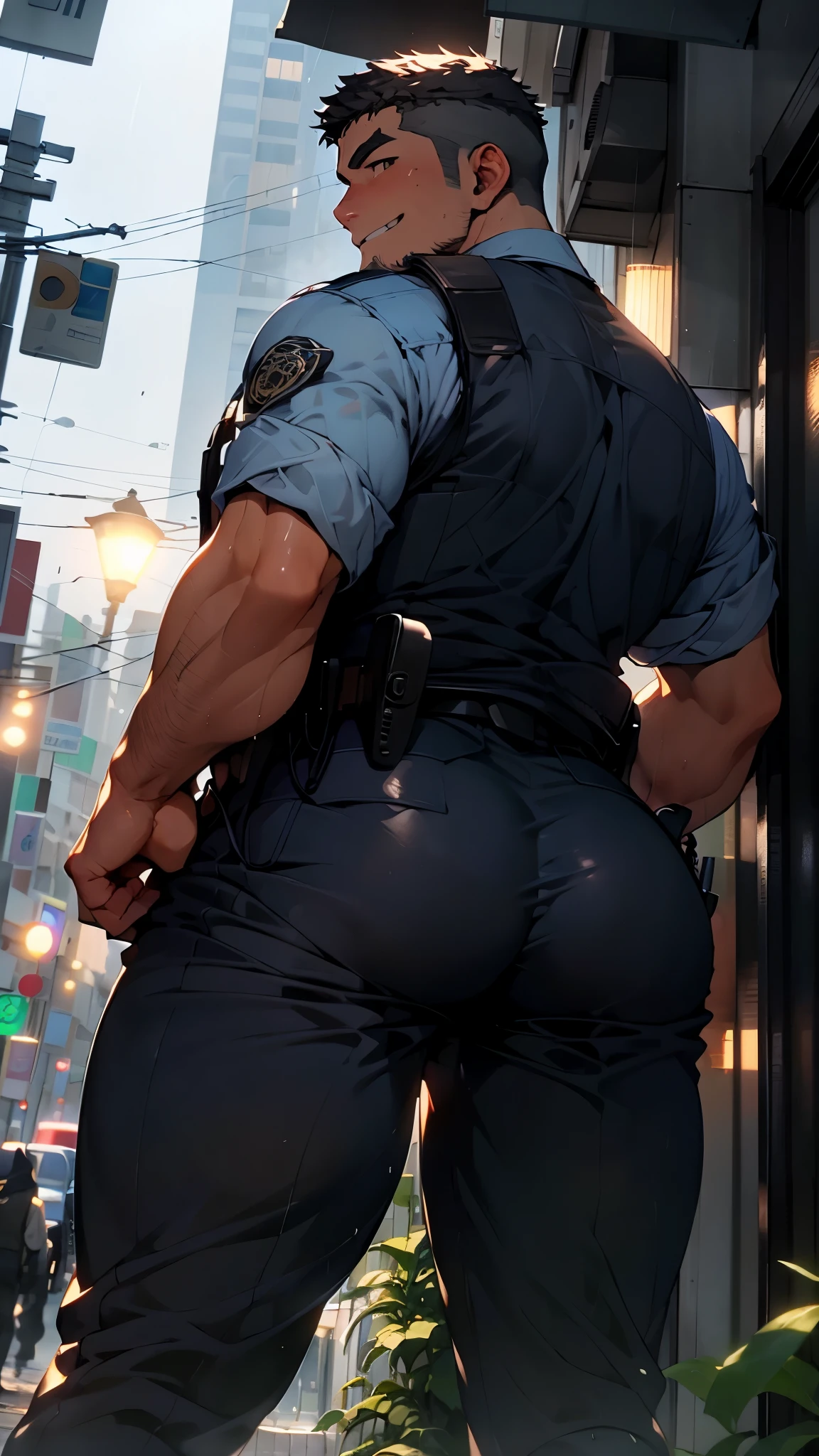 Sexy man in police uniform, tight pants, stands on a deserted street with (((his back to the viewer, tight ass))), big city street, whole body in view