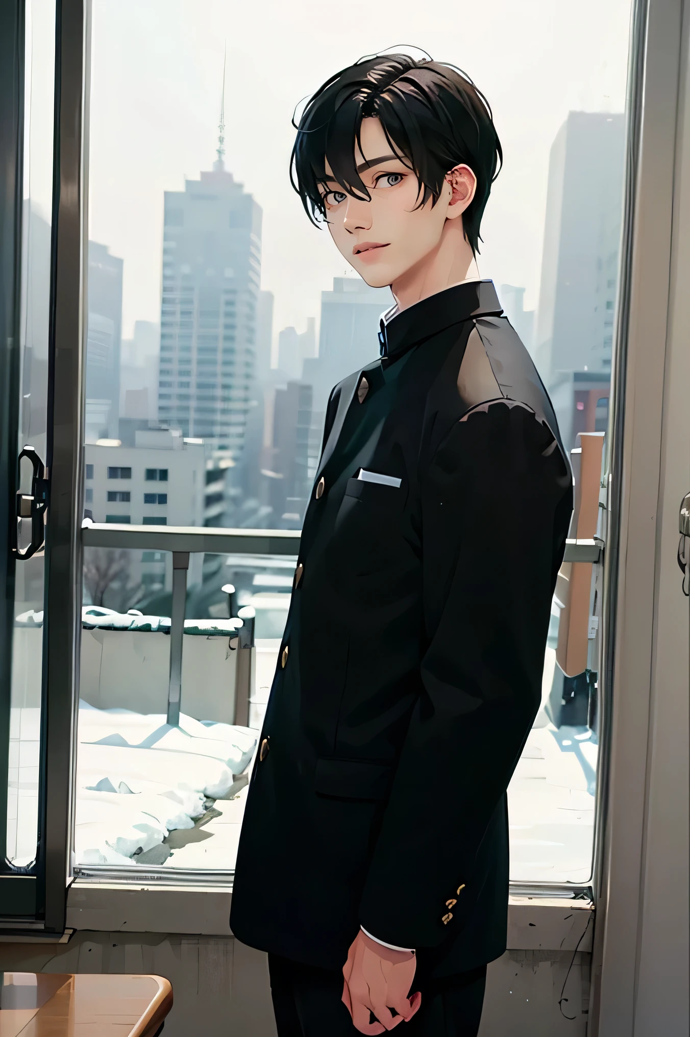 Two Japanese men　　handsome　 short dark hair  　Shaved head　Shaved head　adult　short cropped 　　smile　In the classroom　　outside the window is a snowy future city　 two men are black school runs　 two men are black school runs　The two line up looking at the S camera