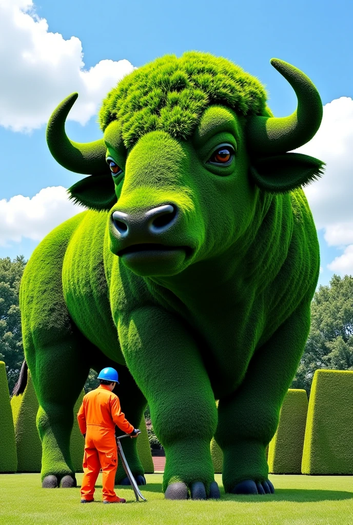 Furry cute green bull doing gardening