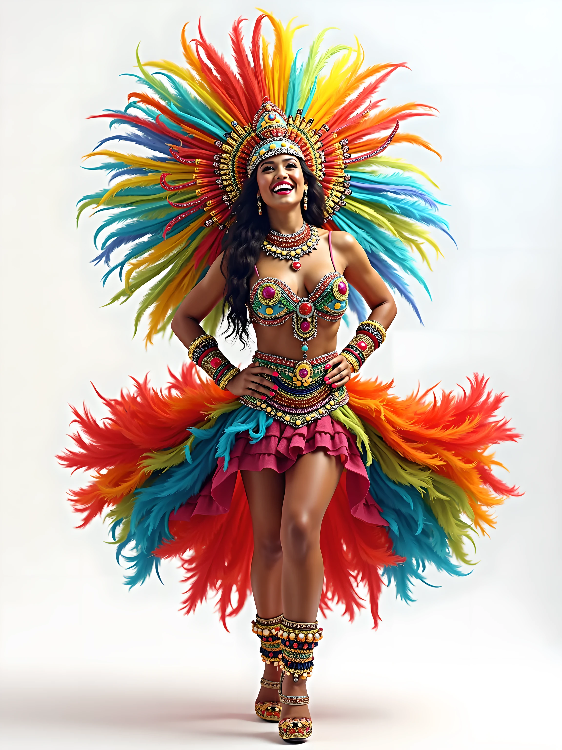 Brazil takes the form of a joyful samba dancer, wearing a vibrant feathered headdress, a sequined costume, and dancing to the rhythm of energetic music. She radiates energy, passion, and a zest for life.