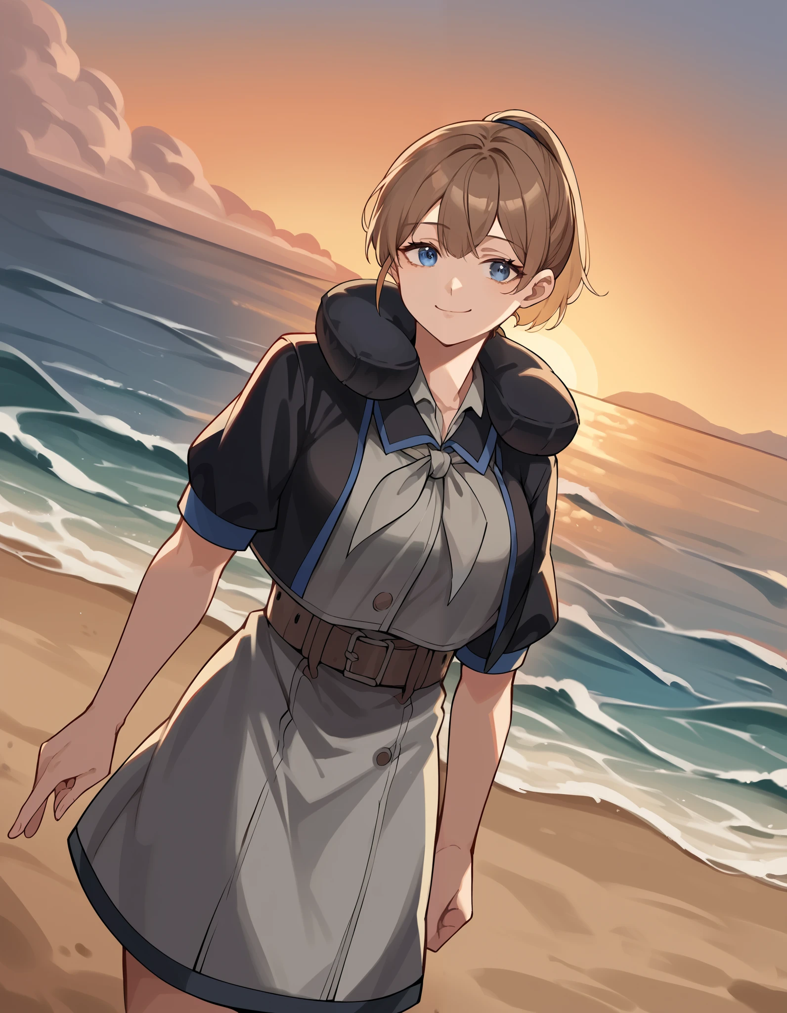 score_9,  score_8_up,  score_7_up,  source_anime, Brave, Blue Eyes,  short hair, brown eyes, ponytail,  o, big breasts,  hair tie , Black Jacket,   colored jacket , cropped jacket, grey dress, miniskirt, neck Pillow,  Open clothes, open jacket, Pillow, short sleeve, skirt, Neckerchief, grey Neckerchief, belt, strand, sunset,  walking along the coast , Footprints in the sand, Wave, Peaceful, ,  See Who's Watching , v, V ,  smug ,, Alone,, Cowboy Shooting, Dutch angle