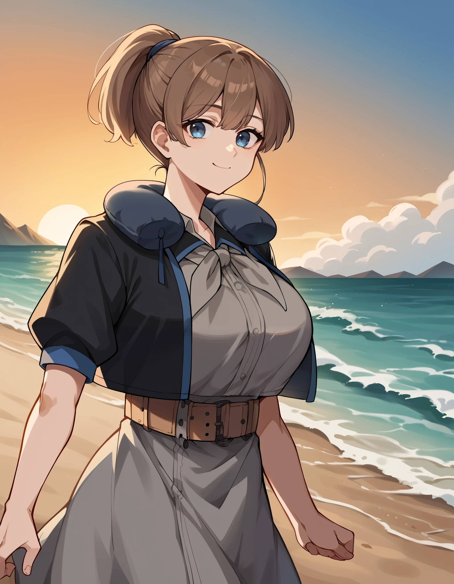  score_9,  score_8_up,  score_7_up,  source_anime, Brave, Blue Eyes,  short hair, brown eyes, ponytail,  o, big breasts,  hair tie , Black Jacket,   colored jacket , cropped jacket, grey dress, miniskirt, neck Pillow,  Open clothes, open jacket, Pillow, short sleeve, skirt, Neckerchief, grey Neckerchief, belt, strand, sunset,  walking along the coast , Footprints in the sand, Wave, Peaceful, ,  See Who's Watching , v, V ,  smug ,, Alone,, Cowboy Shooting, Dutch angle