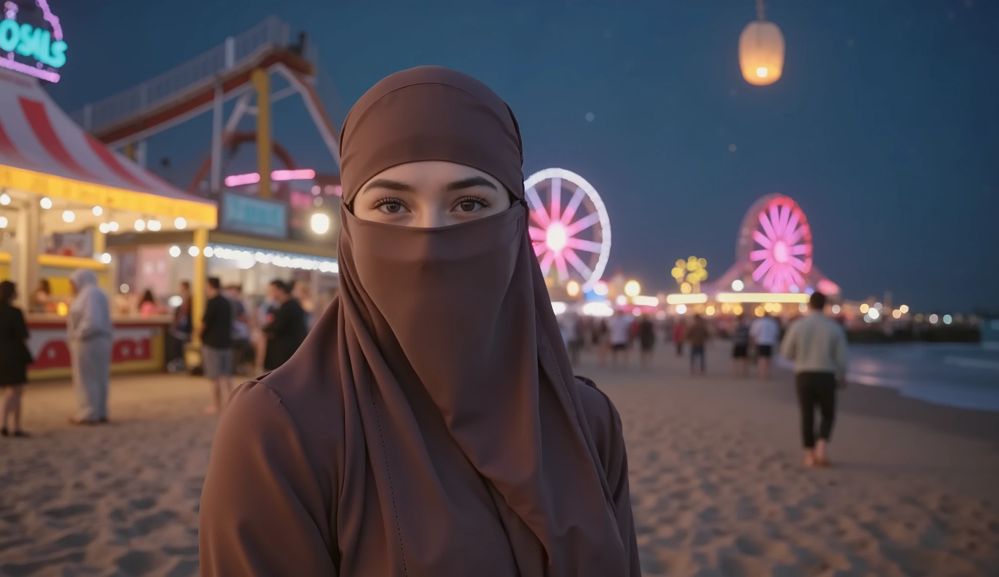 Imagine a vibrant nighttime beach scene under a clear, star-filled sky. In the foreground, place a young pretty woman wearing a flowing, satin Light brown-colored niqab that covers her head and most of her face, revealing only her eyes.reflecting the soft glow from the lights around her.
Behind her, depict a lively boardwalk carnival with bright neon rides and a Ferris wheel illuminated in warm pinks, yellows, and blues. Let the roller coaster tracks and other amusement attractions be visible in the background, their lights casting a playful glow onto the sandy shore. Enhance the magical atmosphere by adding floating lanterns in the sky, drifting gently above the carnival lights.
The composition should focus on the woman in the foreground, framed so that her eyes are the central point of attention. Maintain a cinematic, moody lighting, where the carnival’s glow and a few soft lantern reflections accentuate her features. The beach sand appears textured and golden, catching the carnival’s radiance in scattered highlights.
Keep the overall style photorealistic but with a dreamlike, whimsical touch—almost as if it’s a scene from a magical festival night. The color palette blends deep navy blues of the night sky, warm golden browns of the sand and niqab, and lively neon hues from the carnival rides. Include visible stars in the sky, ensuring a clear, crisp night overhead.
Use a shallow depth of field so the background carnival lights appear slightly blurred and bokeh-like, while the woman’s figure and eyes remain in sharp focus. Strive for high resolution and detailed textures, capturing the folds of the niqab, the gentle ripples in the sand, and the subtle shimmer of the lanterns