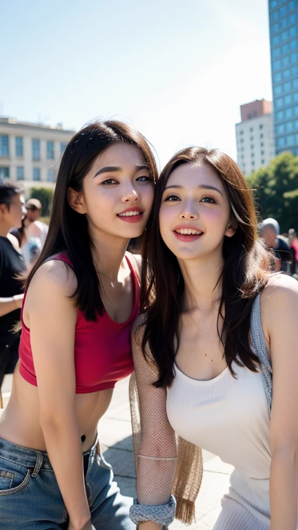 shukezouma, rendering by octane, hdr, (ultra - detailed:1.15), (Soft light, Sharp:1.2), (((duo,Two women in costume take selfies on the street,colorful pigtail, anime cosplaying,))),Beautiful girl, hyper detail eyes, mature, Painting drops, paint teardrops, woman made up from paint, entirely paint, splat, Splash, Long colored hair,paint bulb,paint drops, Exposed shoulders, Tears,shoulders are visible, Thighs exposed, seminude, focus onface, Beautiful face, eye shadows, Dark circle contour,mascara, Beautiful, 18yr old