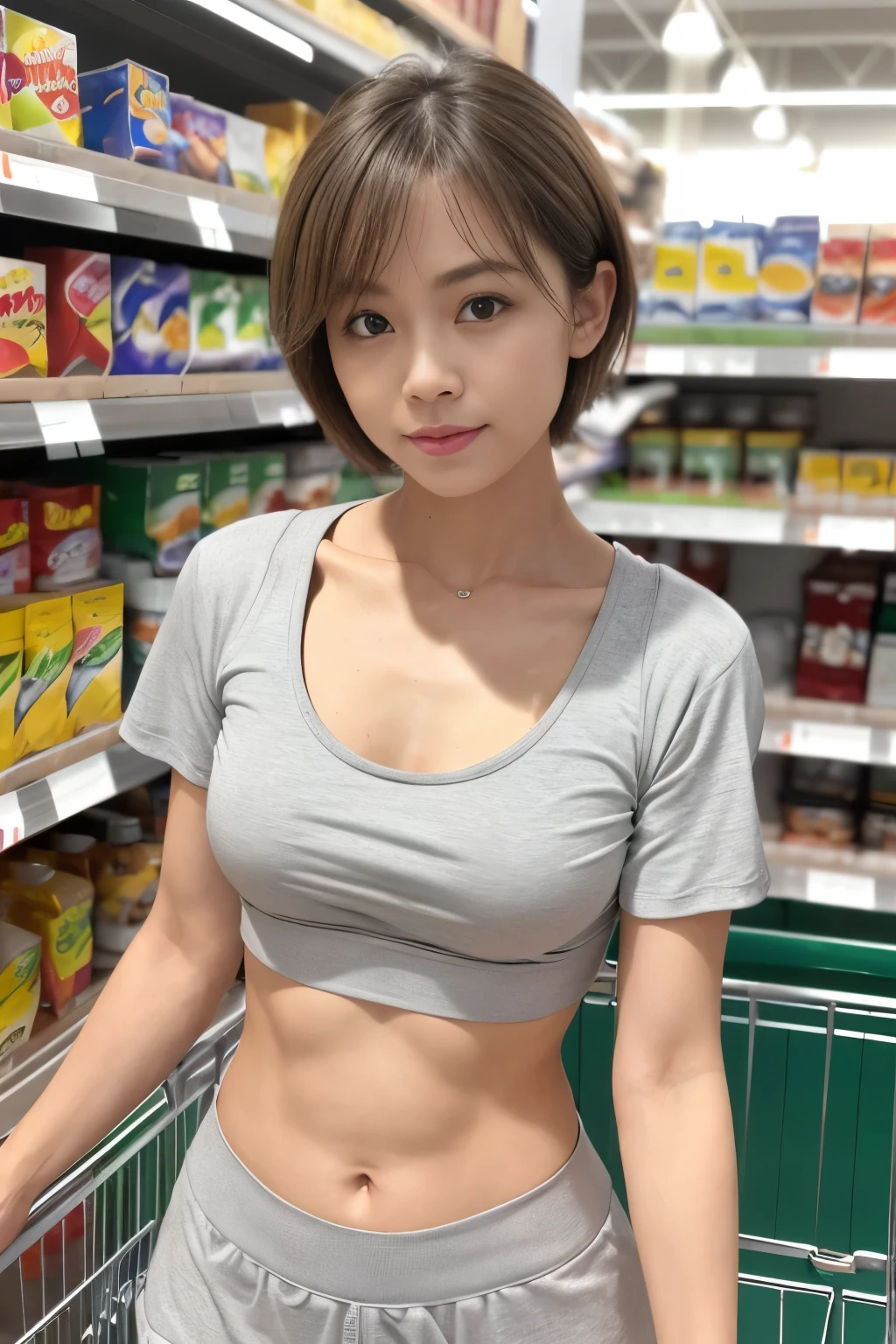 masterpiece, best quality, ultra quality, high quality, realistic, photo realistic,,natural lighting,(cinematic lighting:1.4),RAW photo, hyper detailed, intricate detailed, perfect anatomy, Fujifilm XT3, BREAK 1girl,Japanese,(slender abs:1.3),large hip,(camel toe:1.2),(Dark Black very short Bobcut hair over one eye with parted bangs:1.2), (smile:1.3),(blushing:1.3),teary eyes,(light gray sweat pants:1.3), BREAK (downblouse:1.3), BREAK (light gray hoodie:1.3),(breast focus), (looking at the floor),( looking to the side),( looking at another:1.4), BREAK (in gymnasium:1.5),(indoor), (mideum shot), ,from front, standing,Nipslip,(realistic beautiful nipples:1.3),(down hood:1.3),(no bra),tanlines,amateur,professional,tanned skin,