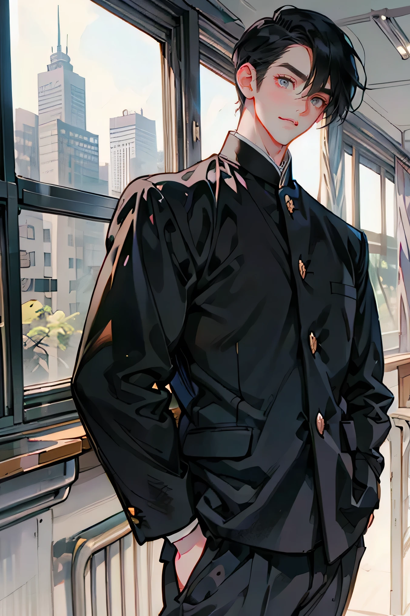  Japanese man 　　handsome　 short dark hair  　Shaved head　Shaved head　adult　short cropped 　　smile　In the classroom　　Outside the window is a city of the future　School of the future　Black school run　 school uniform　Black school run　The face is bigger and the composition is from the shoulders　　sportsman type　　Fierce