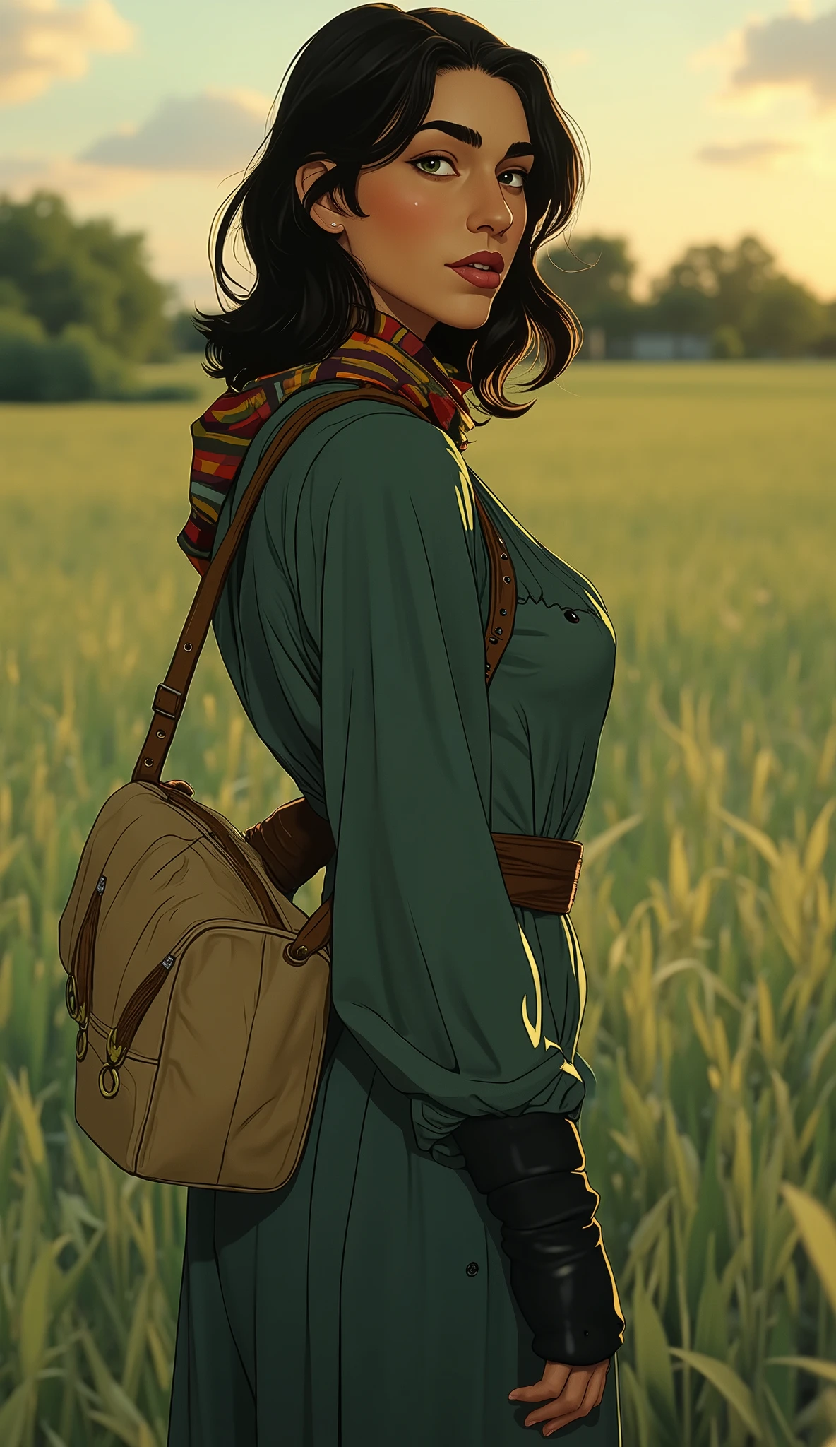 professional photo of Cascina Caradonna, CC woman, detailed skin, long hair, 4k, highly details, wearing blue Nausicaä of the Valley of the Wind outfit with gloves, baggy trousers and colorful loop scarf, deep depth of field, highly detailed, standing in a field of short grass with a canvas sling bag, (upper body portrait), d13s3lp2nk