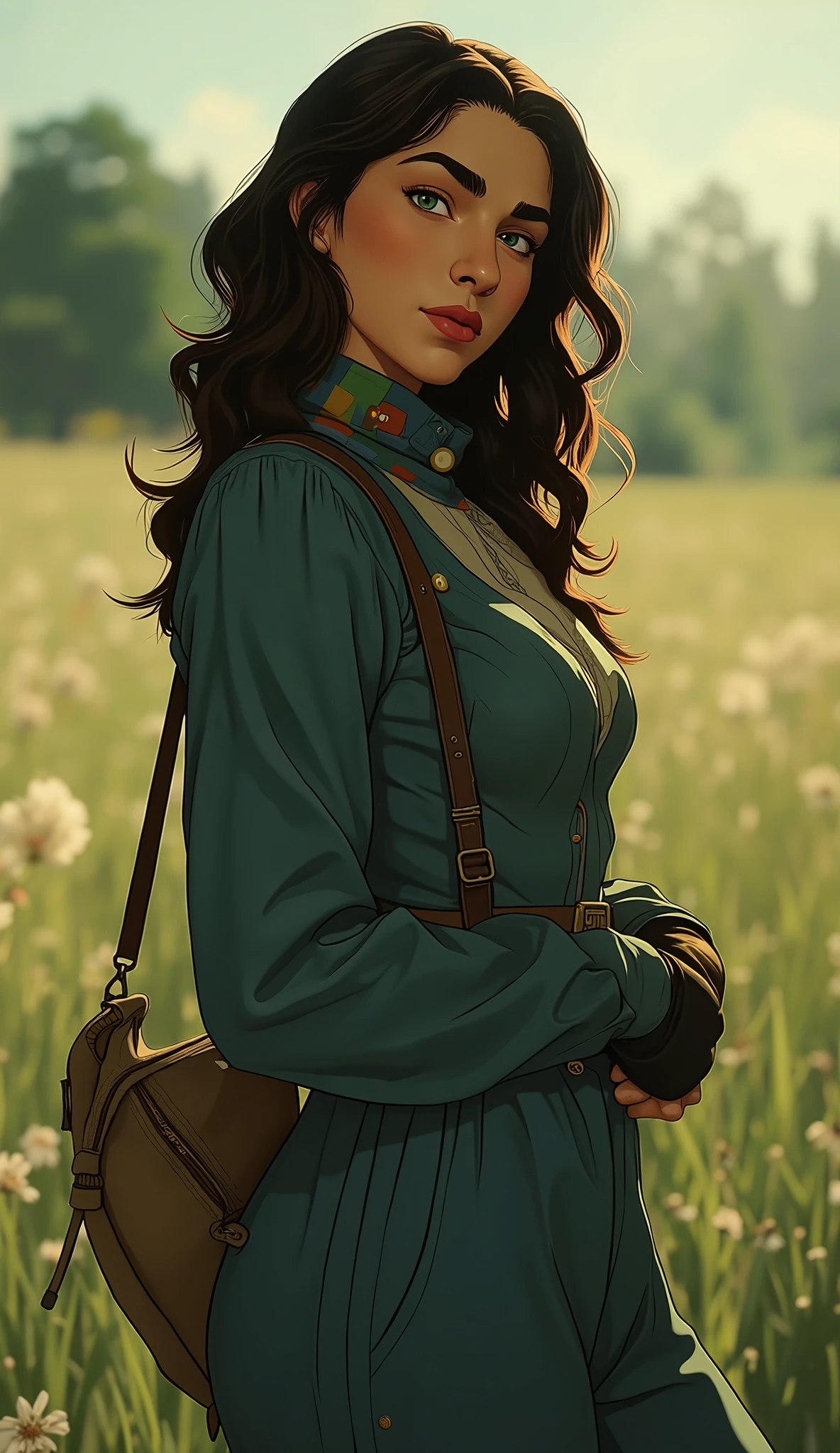 professional photo of Cascina Caradonna, CC woman, detailed skin, long hair, 4k, highly details, wearing blue Nausicaä of the Valley of the Wind outfit with gloves, baggy trousers and colorful loop scarf, deep depth of field, highly detailed, standing in a field of short grass with a canvas sling bag, (upper body portrait), d13s3lp2nk