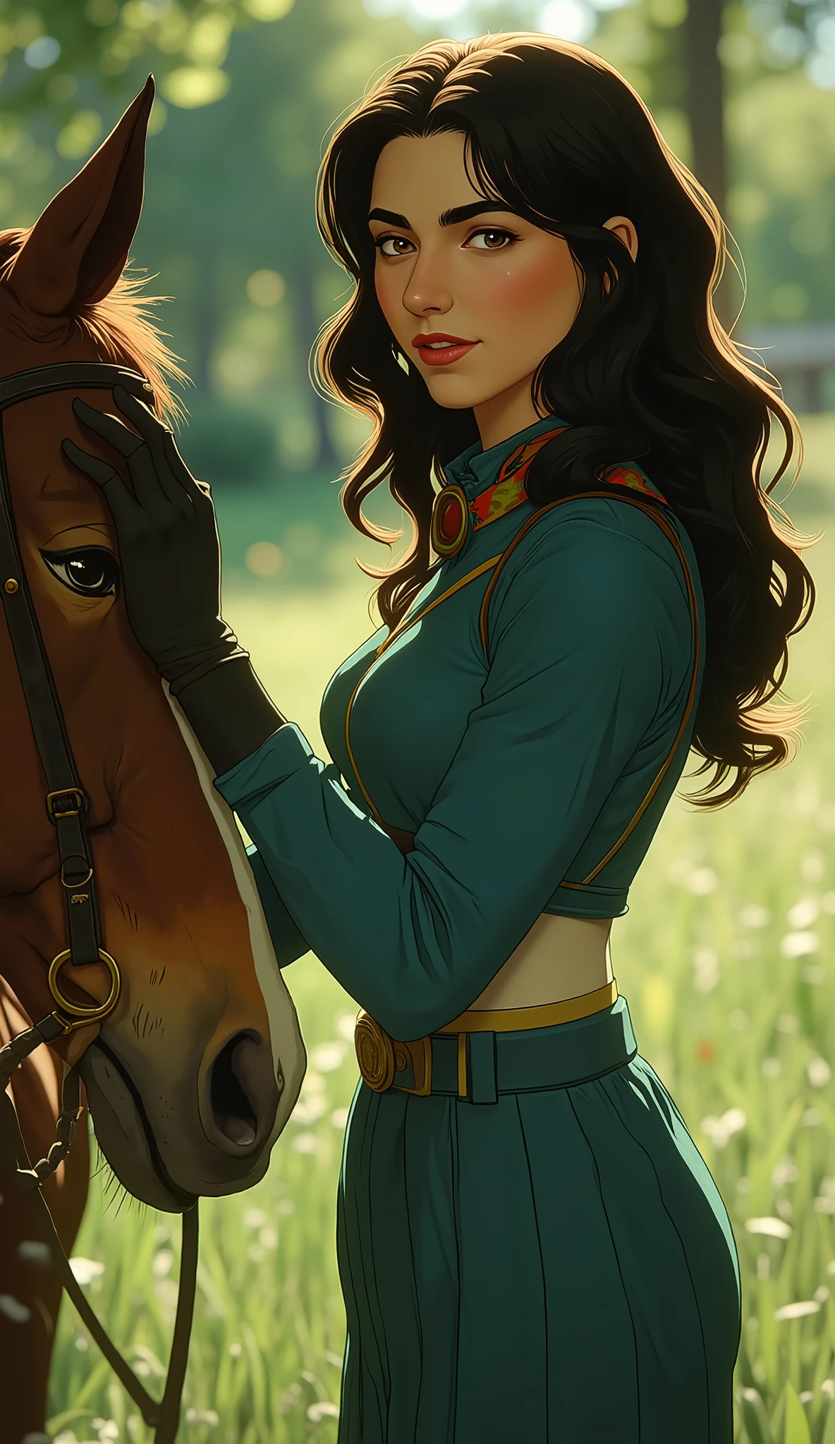 professional photo of Cascina Caradonna, CC woman, detailed skin, long hair, 4k, highly details, wearing blue Nausicaä of the Valley of the Wind outfit with gloves, baggy trousers and colorful loop scarf, deep depth of field, highly detailed, standing in a field of short grass holding a horse on reins, (upper body portrait), d13s3lp2nk