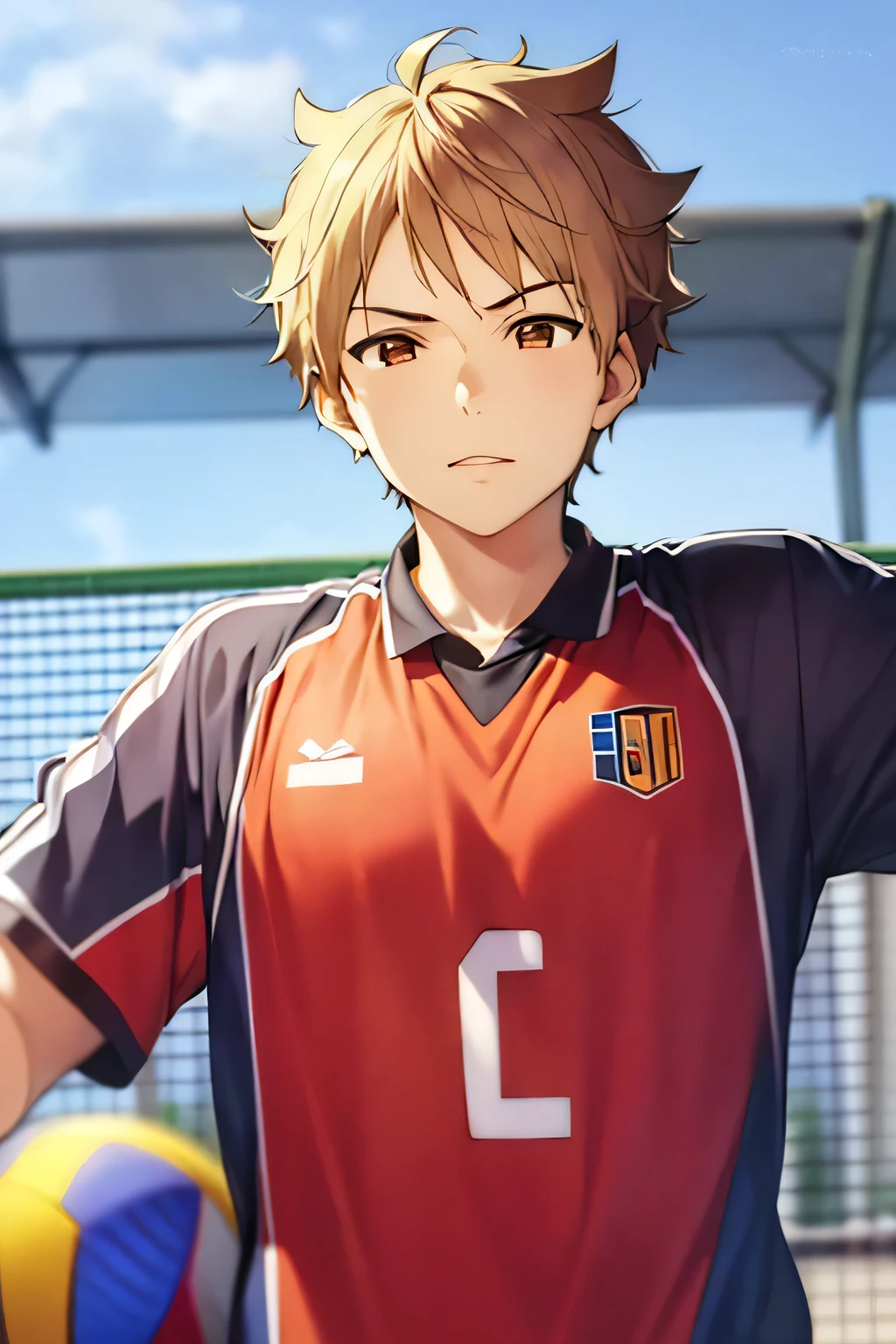 masterpiece, best quality, high quality, 1boy, solo, male focus, looking at viewer, upper body, white hair, brown eyes, volleyball nekoma jersey, haikyuu artstyle
