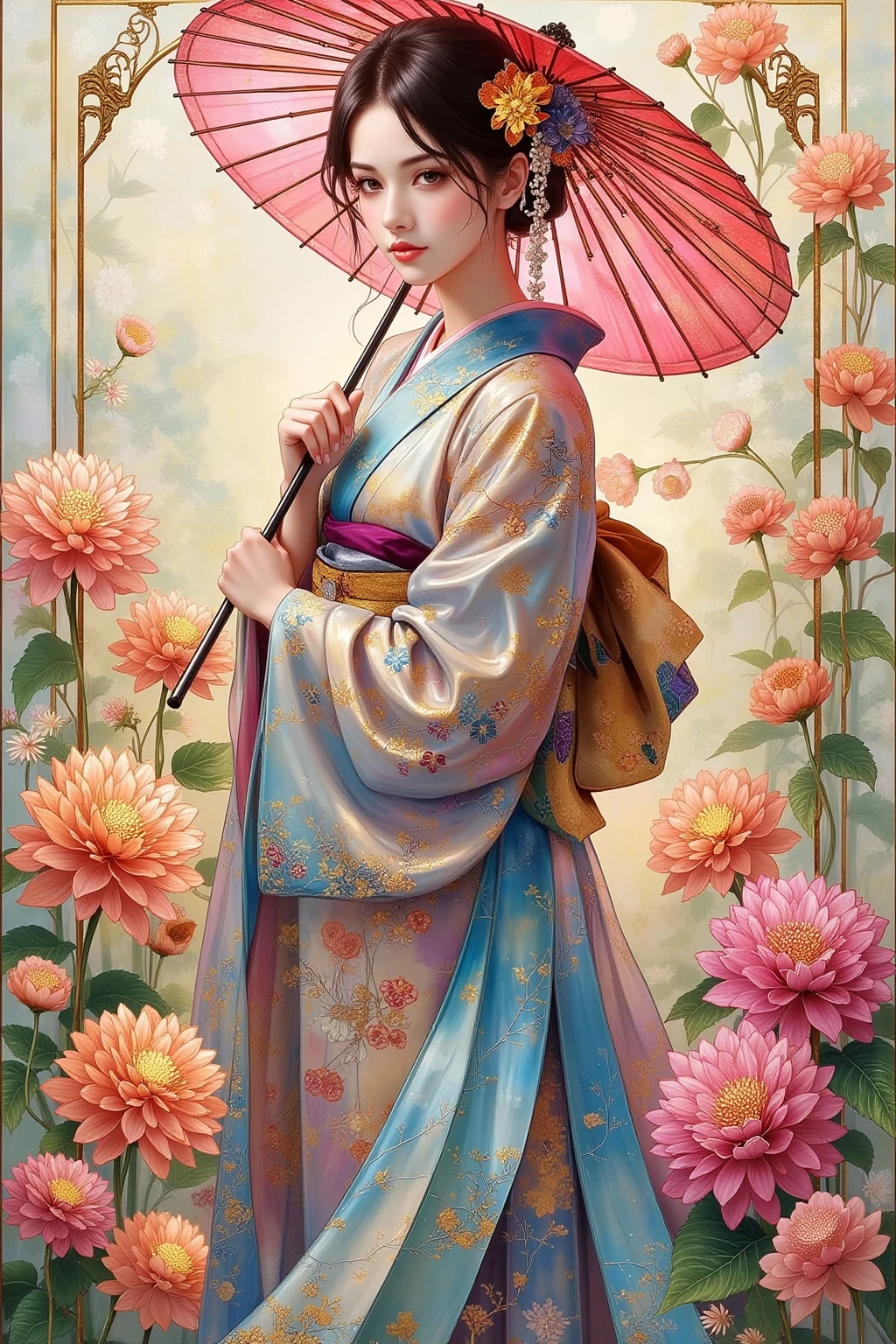 (TOP QUALITY, Hi-Res, Greatest Masterpiece:1.4),A girl holding a Japanese umbrella、Wear a beautiful Japanese kimono、Colourful chrysanthemums。pastel background、Oil painting and digital art、Intricate and bold details、 Impressive Works of Art 。Stained Glass