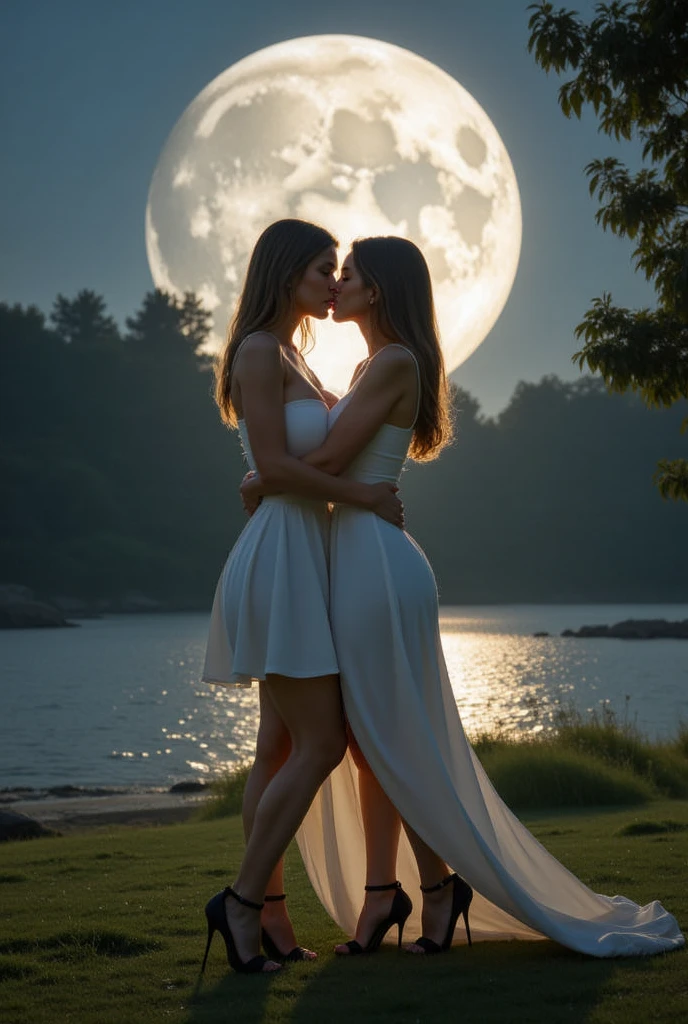 (masterpiece, best quality:1.5), two women is deeply in love with each other, kiss, romantic atmosphere, flower and moon, magnificent panorama view