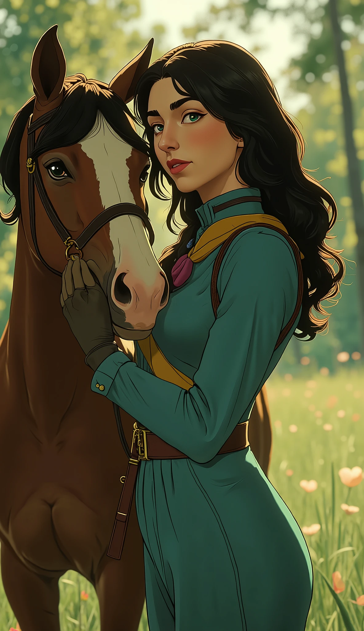 professional photo of Cascina Caradonna, CC woman, detailed skin, long hair, 4k, highly details, wearing blue Nausicaä of the Valley of the Wind outfit with gloves, baggy trousers and colorful loop scarf, deep depth of field, highly detailed, standing in a field of short grass holding a horse on reins, (upper body portrait), d13s3lp2nk