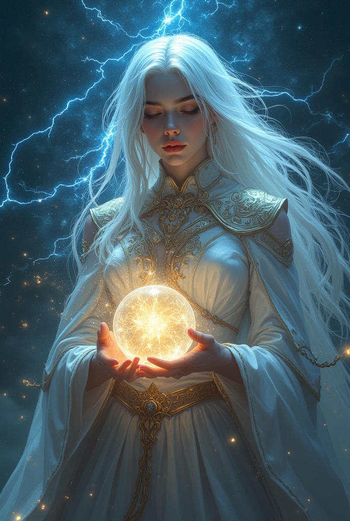 Lightning Spirit, Girl's AppearanceLightning Spirit, Girl&#39;s Appearance, White-haired beautiful girl,  cosmic background ,  sky full of stars, Lightning Light,  Mysterious Expressions , Spiritual Abilities, Sphere of Light in Hands, Dignified Appearance, Ultra High Definition, 4K Rendering, realistic, Photographic Texture, Analog Painting,  Fantastic, fantasy art, Vivid Colors, Dramatic Light and Shadows