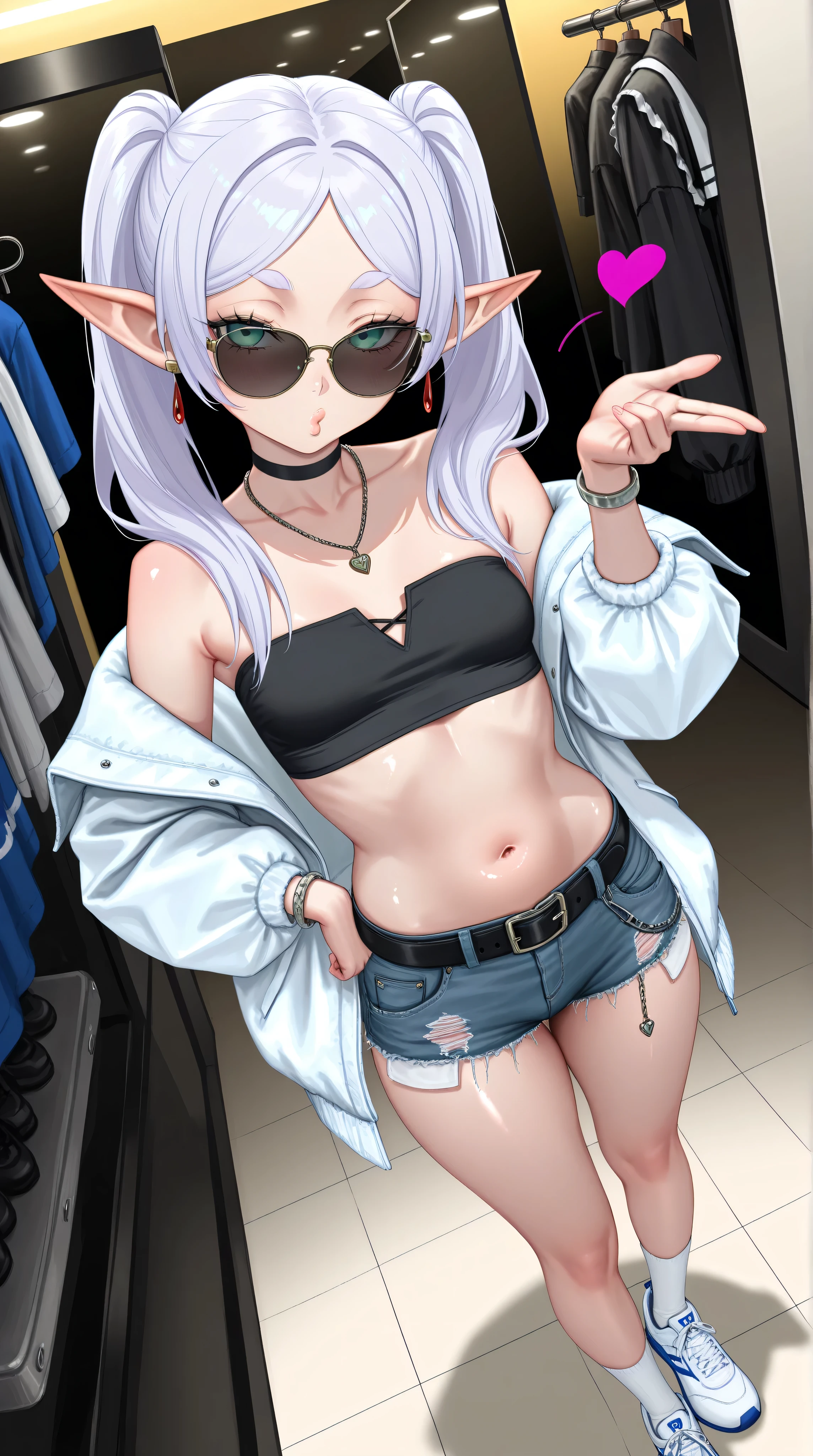 1girl,(frieren),sunglasses,green eyes,round face,elf,white hair,long hair,twintails,parted bangs,fashionable female,female focus,looking at viewer,dramatic angle,upper body,solo,small breasts,navel,midriff,thick lips,white jacket,black bandeau,unbuttoned,frayed denim shorts,white socks,sport shoes,off shoulders,belly chain,belt,hair ornament,heart-shaped earrings,silver bracelet,black choker,
indoor,clothing store,multiple clothes,small items on display,various accessories,jewelry,earrings,makeup,collarbone necklace,headpiece,
seductive smile)),blush,standing,hand on hip,V,blowing kiss,heart,puckered lips,o3o,
masterpiece,best quality,newest,highres,absurdres,very awa,shiny skin,Detail enhancement,[karasu_kame_x],[jonpei],j.k.,[masami_chie],nixeu,