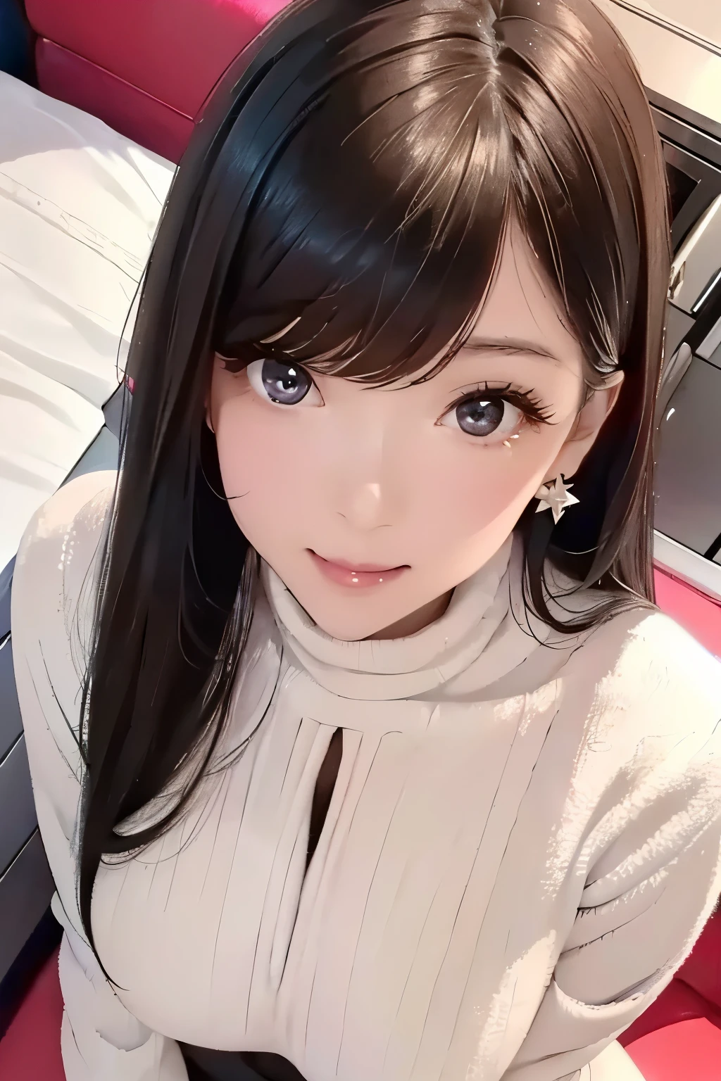 (From above,Looking up at the audience, Eye Focus :1.5),( IDEAL BODY PROPORTION:1.4),( of the highest quality、high detail:1.1、Very attractive adult beauty、adds a strong highlight to your eyes、backward、review、 Beautiful mature 、perfect anatomical structure、 Tremella 、 long hair、 shiny hair 、Lip Gloss),1 girl, alone, actual 、 tilt your head slightly , short and shiny hair 、 On a knitted sweater、Fashion muffler , bangs、big eyes、eyelash、Face is a little red、Awkward)、((sit,hotel、 in bed))、big eyes、gives students a very strong focus、(huge breasts,saggy breasts:1.5}、 Very Large Breasts 、 very beautiful beauty 、Please prick up your ears、Long Neck、Smile、 beautiful teeth 、 Open Your Mouth and Smile、 heart shaped eyes ))、( 30 years old、 Very cute supermodel :1.2)、High target、 ( behind the hands :1.5),(Sculpting pose、 fullbody :1.2)