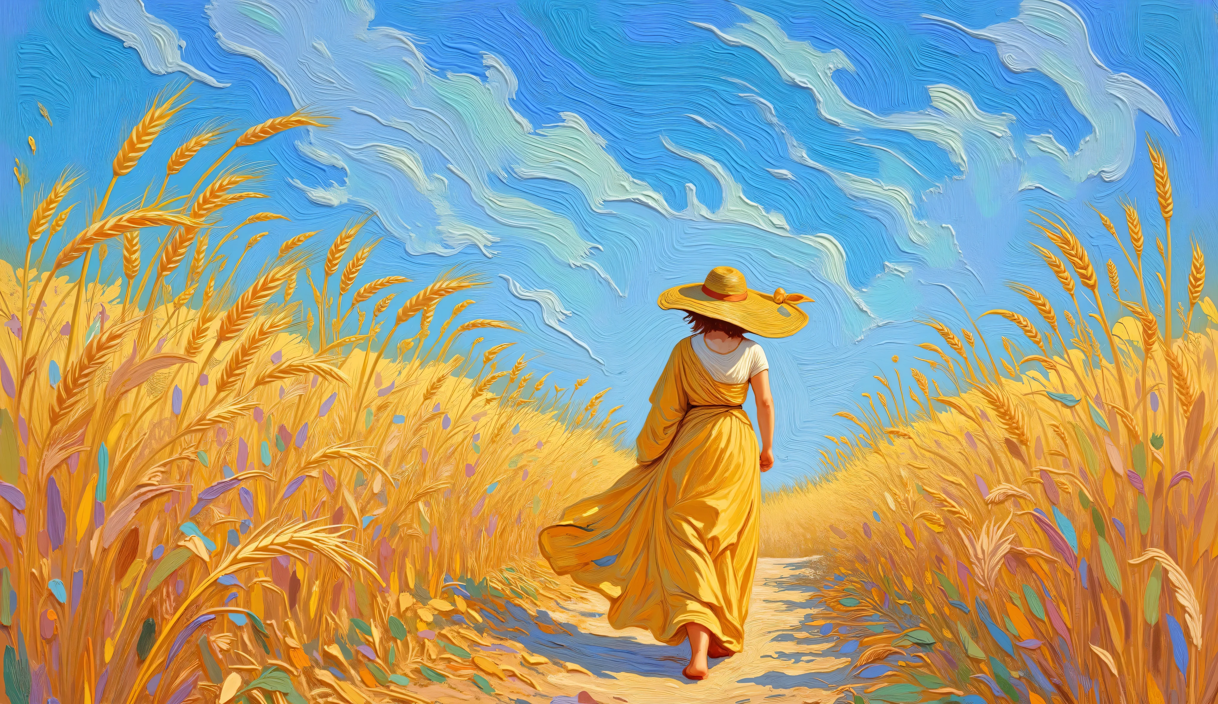 an oil painting inspired by Van Gogh, depicting a lone roman woman walking through a golden wheat field, his hands grazing the tall stalks, under a vivid blue sky with swirling clouds.The wind carries the leaves and golden grains, giving a magical air to the scene, impressionist brushstrokes create a dreamlike atmosphere, warm and earthy color palette, soft golden sunlight bathes the scene --v 5 --stylize 1000