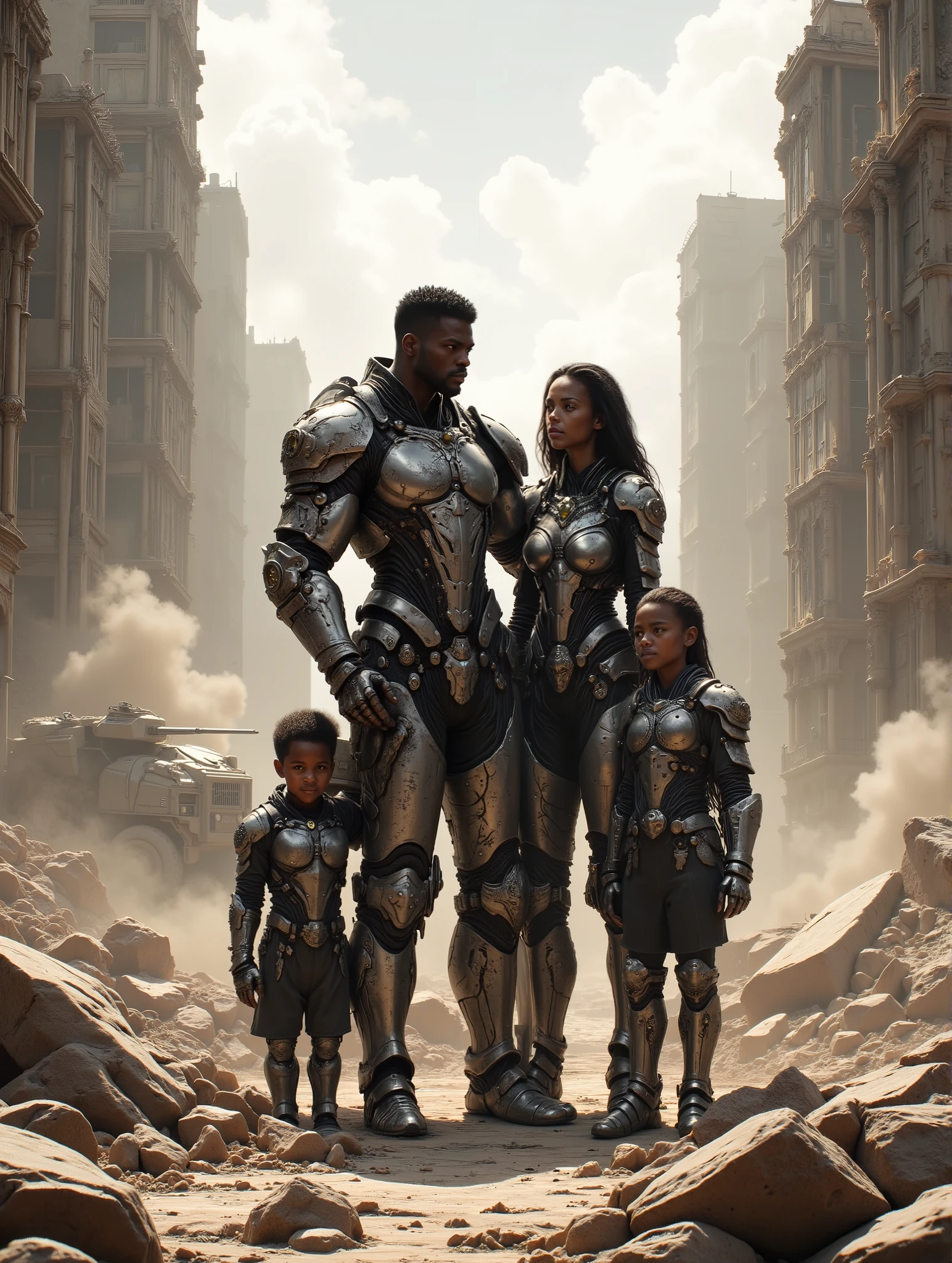 Cybernetic Family of a Black Man Woman girl boy and a dog, standing in the rubble of a building during the post apocalypse, daytime, ruined degraded buildings in the background, dust cloud and APC in the background
